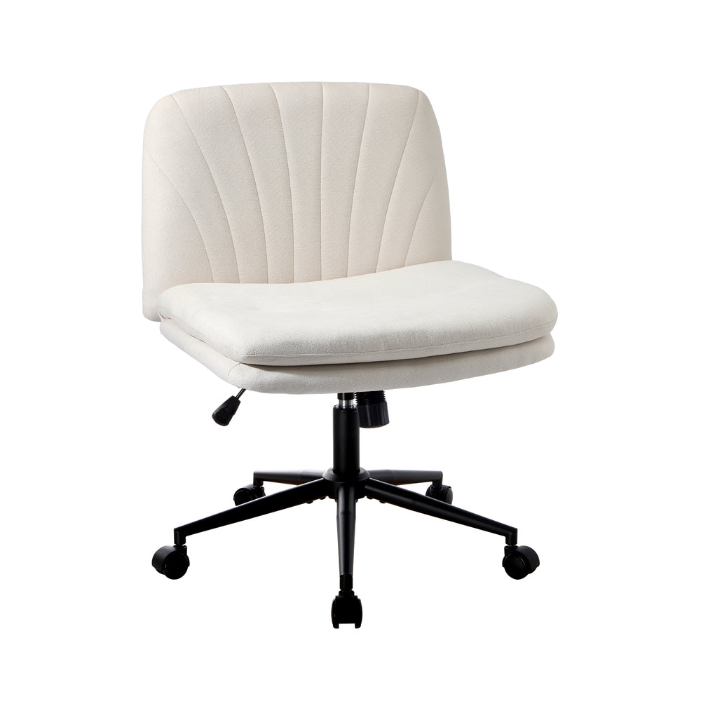 Armless Office Chair Wide Seat Linen with Wheels Beige