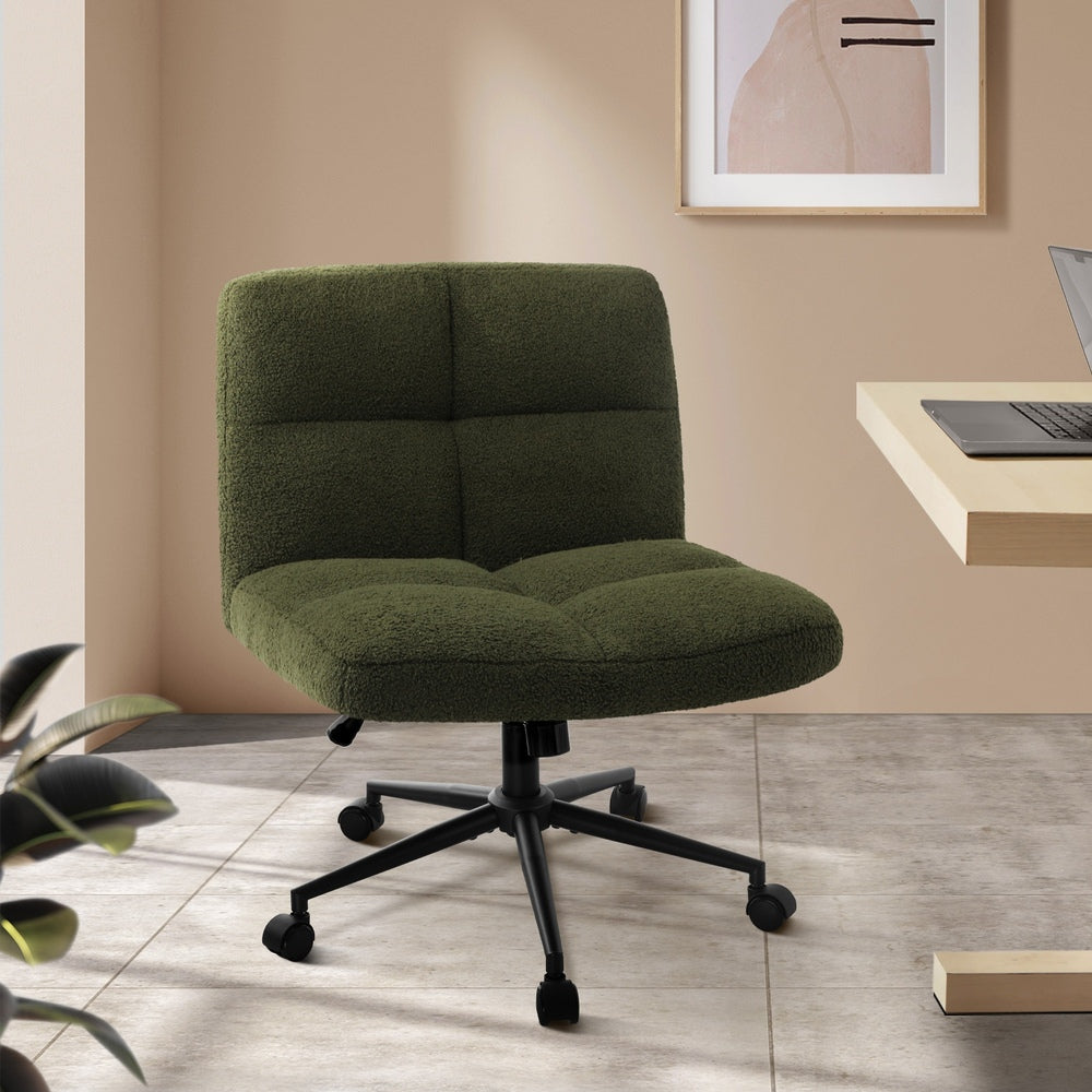 Armless Office Chair Wide Seat with Wheels Boucle Green