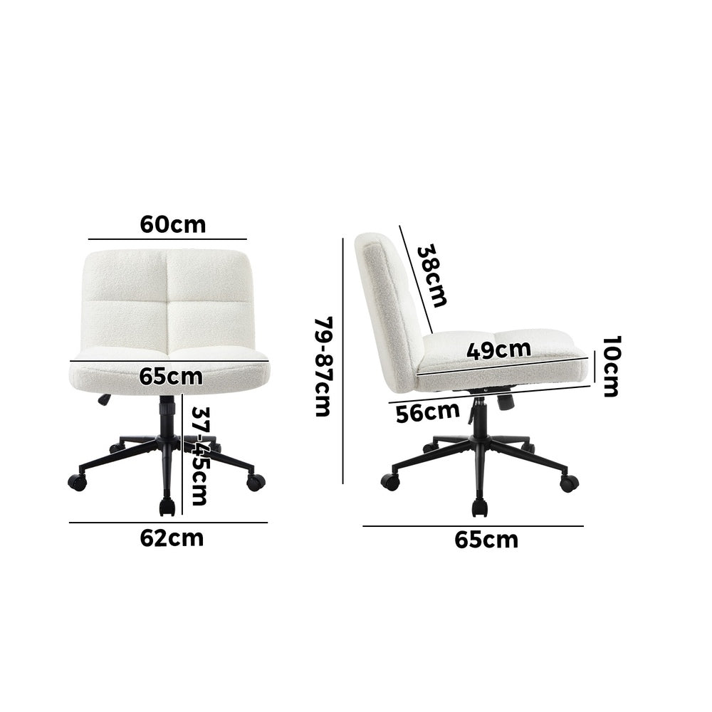 Armless Office Chair Wide Seat with Wheels Boucle White