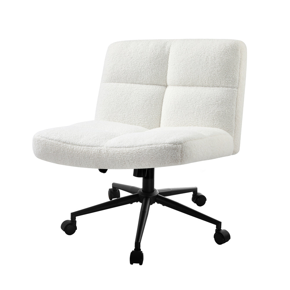 Armless Office Chair Wide Seat with Wheels Boucle White