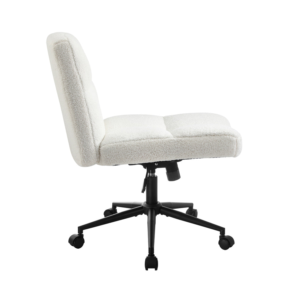 Armless Office Chair Wide Seat with Wheels Boucle White