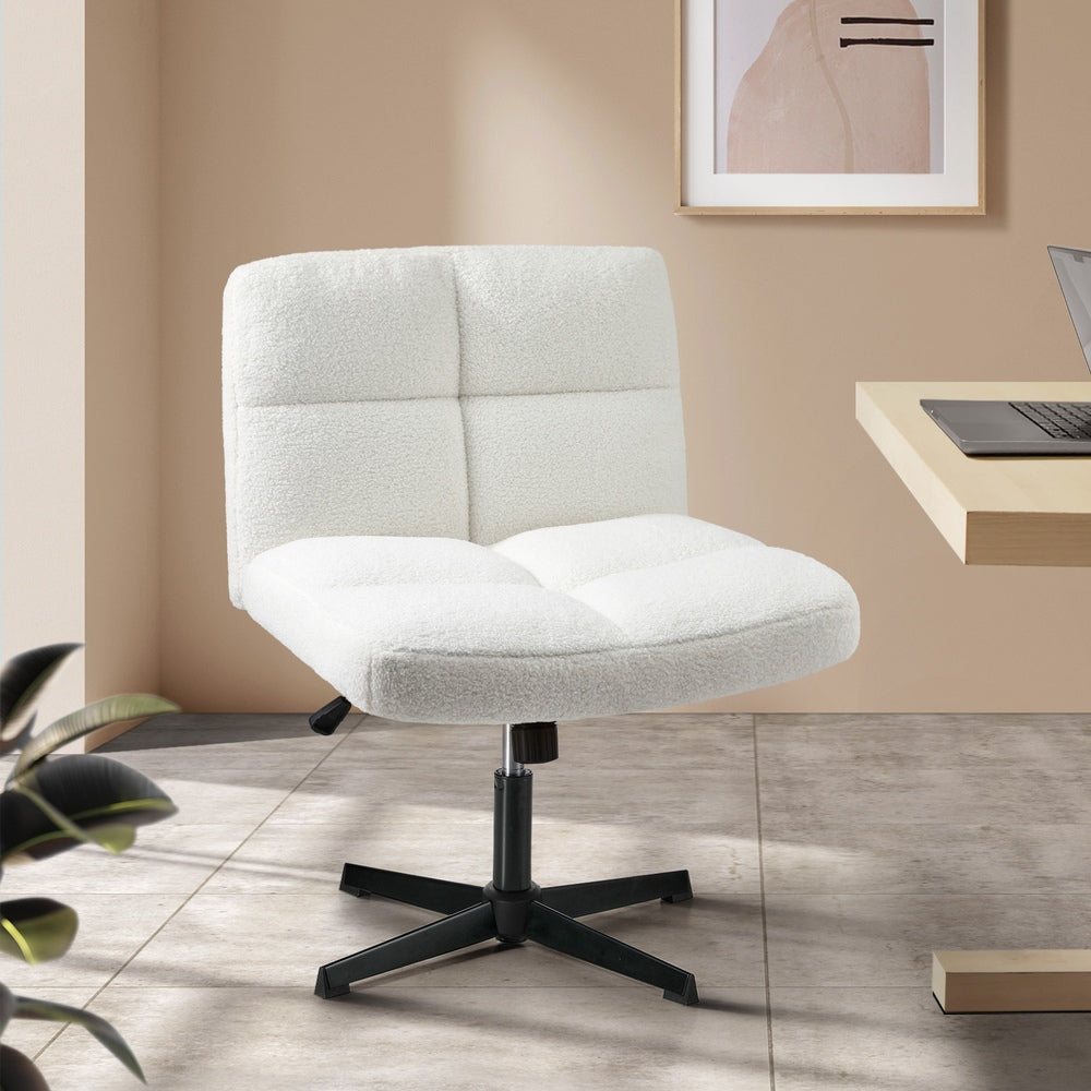 Armless Office Chair Wide Seat No Wheels Boucle White