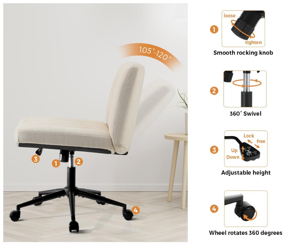 Mid Back Office Chair Wide Seat with Wheels Linen Beige