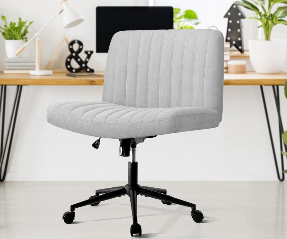 Mid Back Office Chair Wide Seat with Wheels Linen Grey