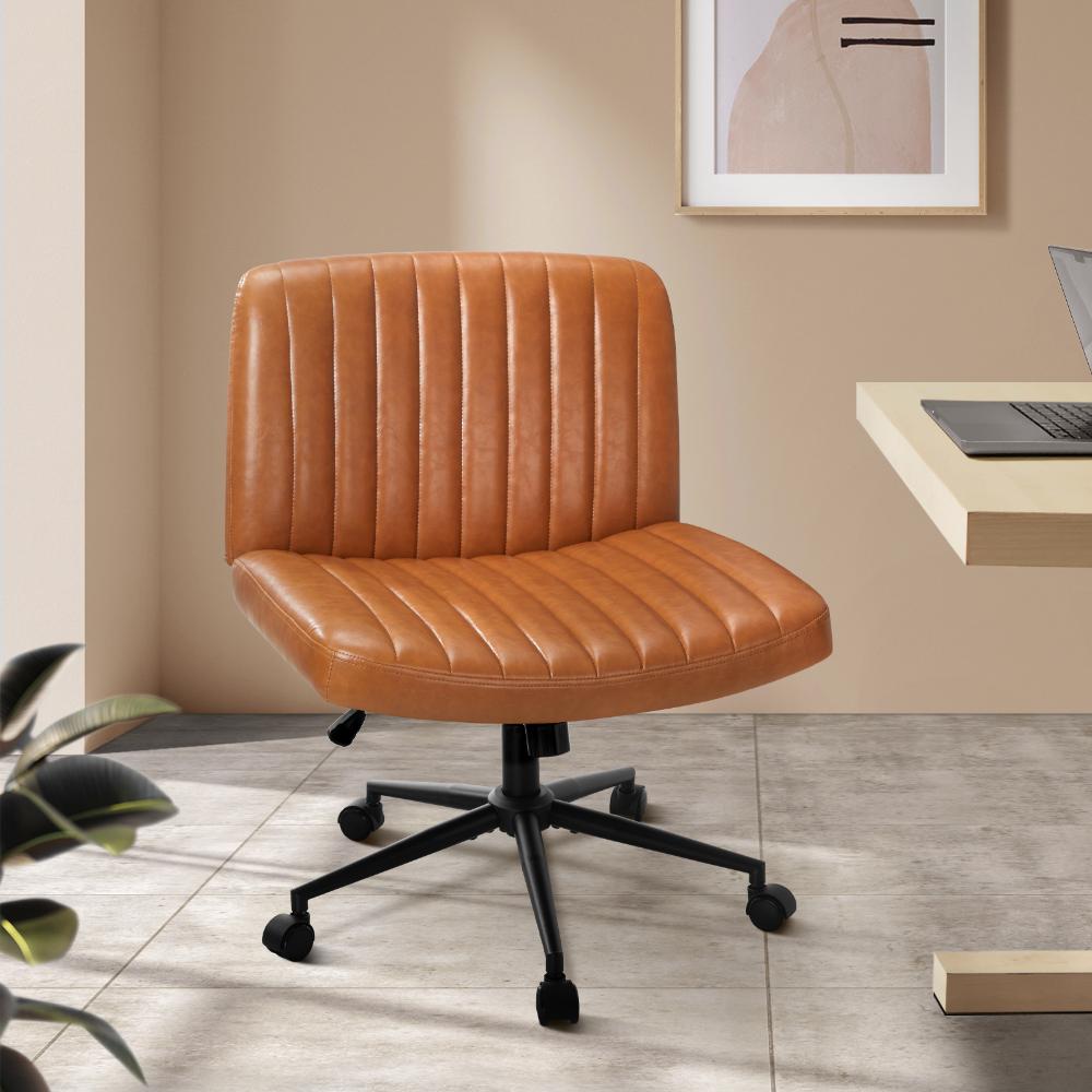 Mid Back Office Chair Wide Seat with Wheels Leather Brown