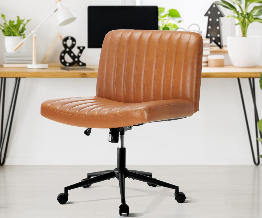 Mid Back Office Chair Wide Seat with Wheels Leather Brown