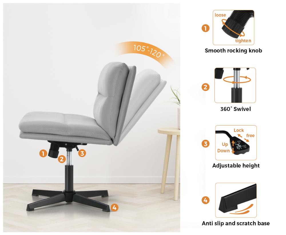 Mid Back Armless Office Chair Wide Seat Linen Grey