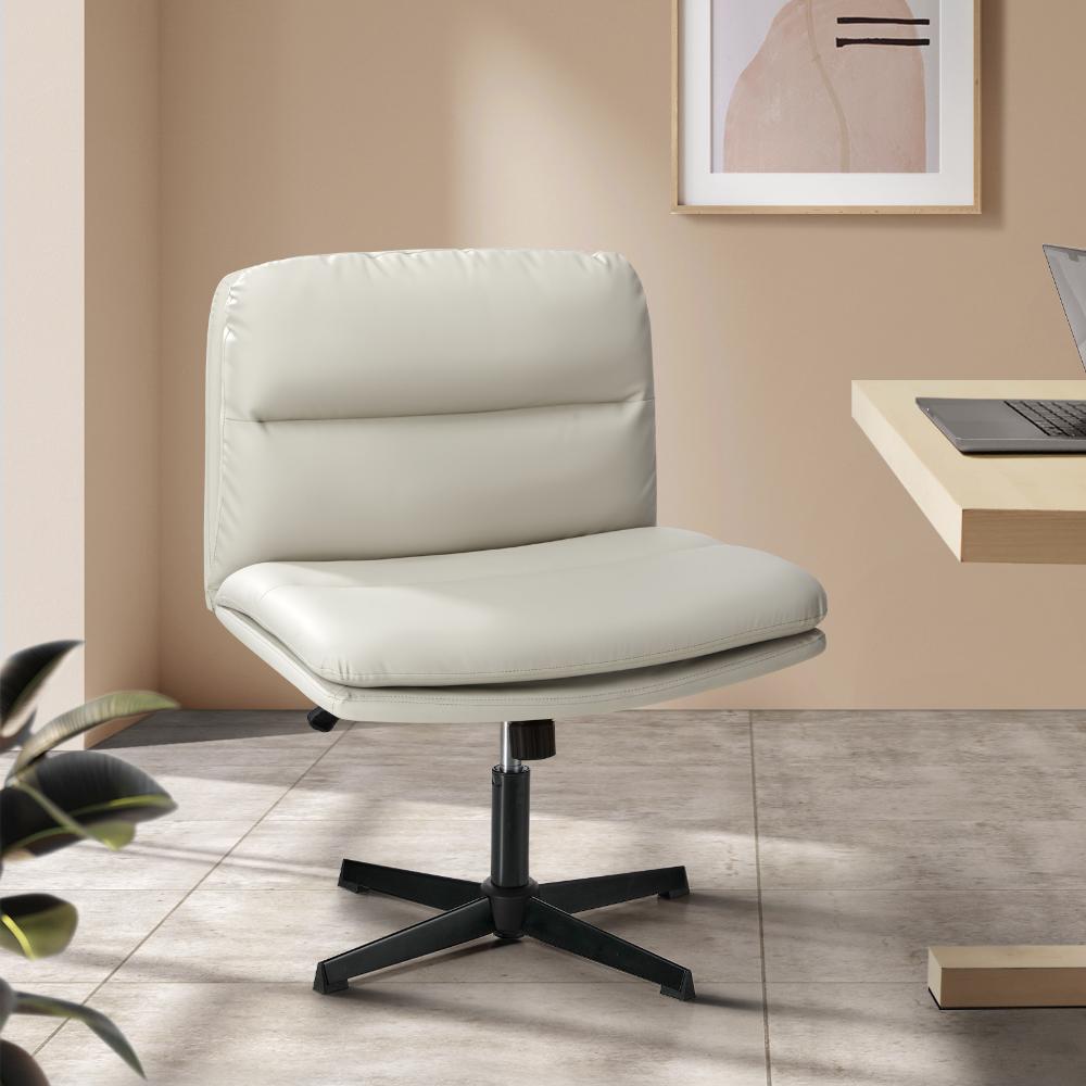 Mid Back Armless Office Chair Wide Seat Leather Beige