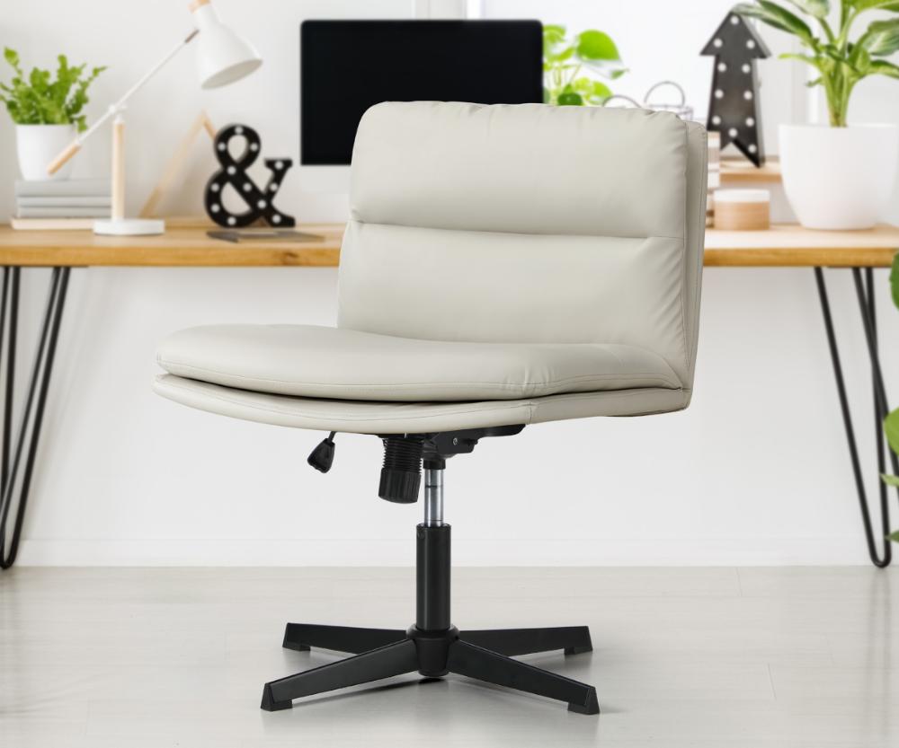 Mid Back Armless Office Chair Wide Seat Leather Beige