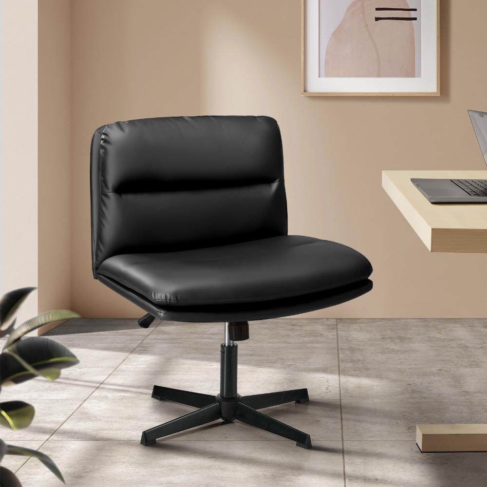 Mid Back Armless Office Chair Wide Seat Leather Black