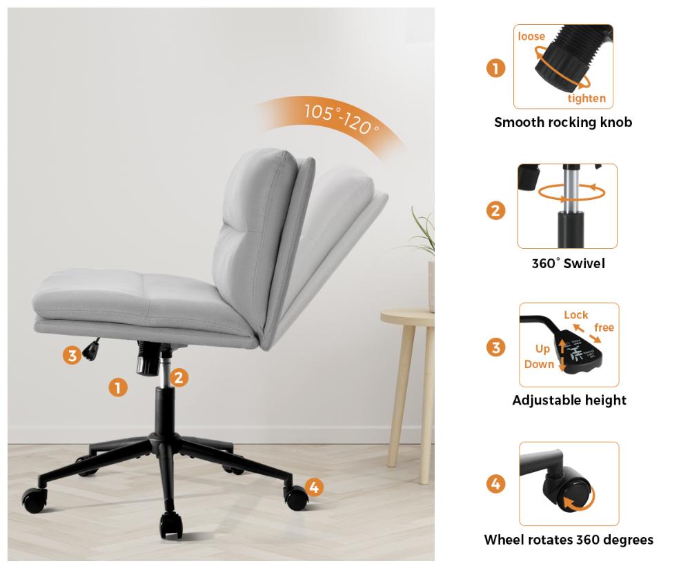 Mid Back Office Chair Wide Seat Linen Grey with Wheels
