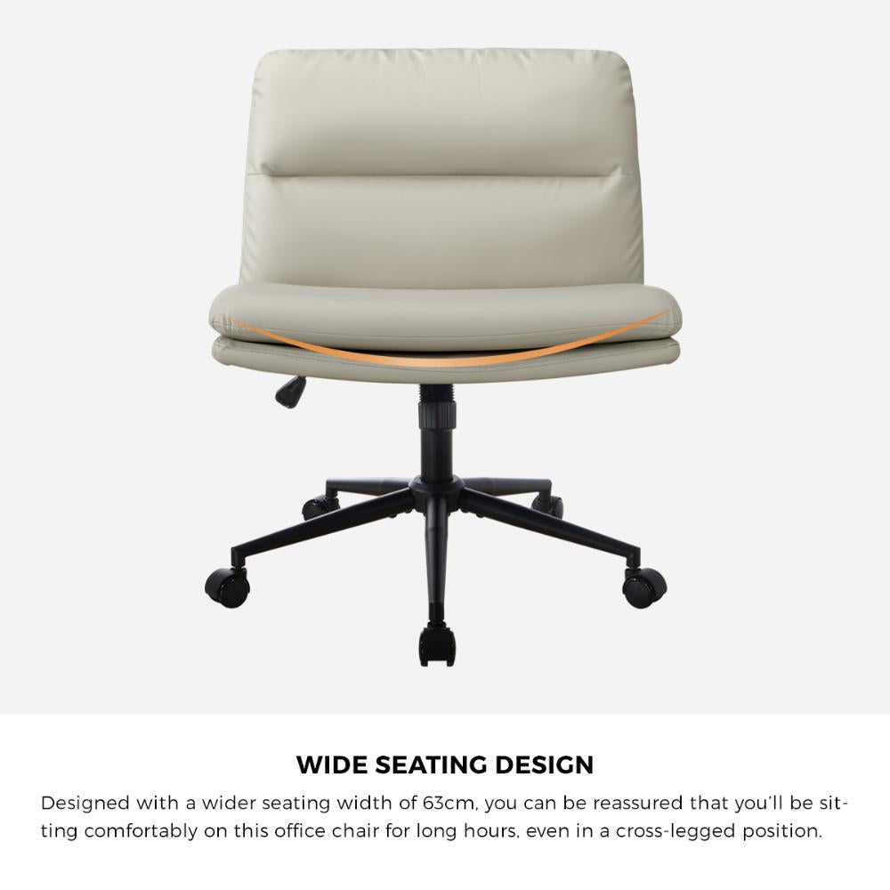 Mid Back Office Chair Wide Seat Leather Beige with Wheels