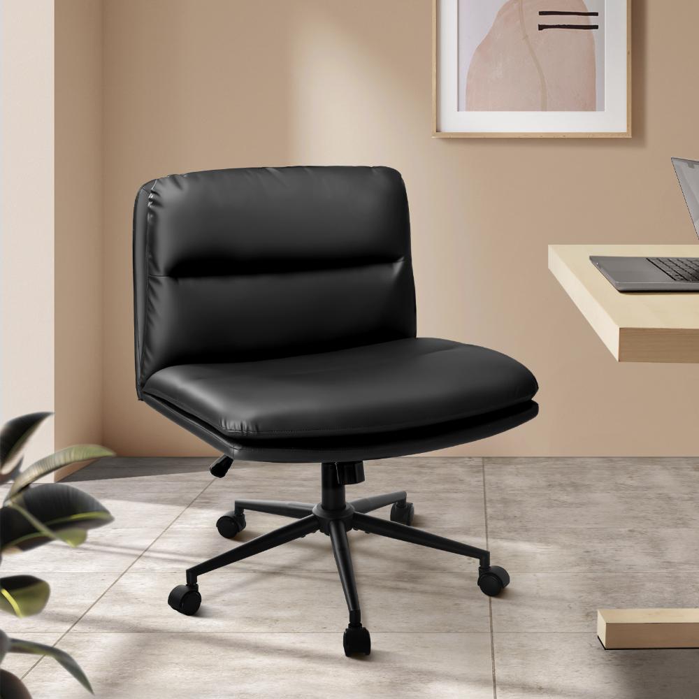 Mid Back Office Chair Wide Seat Leather Black with Wheels