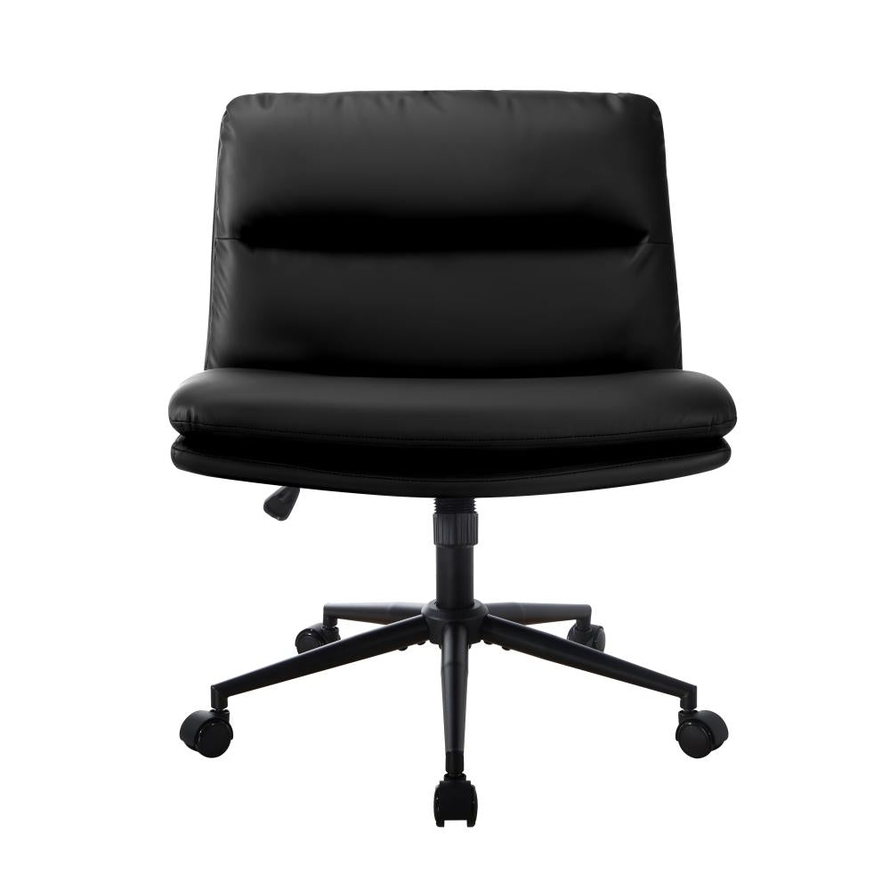 Mid Back Office Chair Wide Seat Leather Black with Wheels