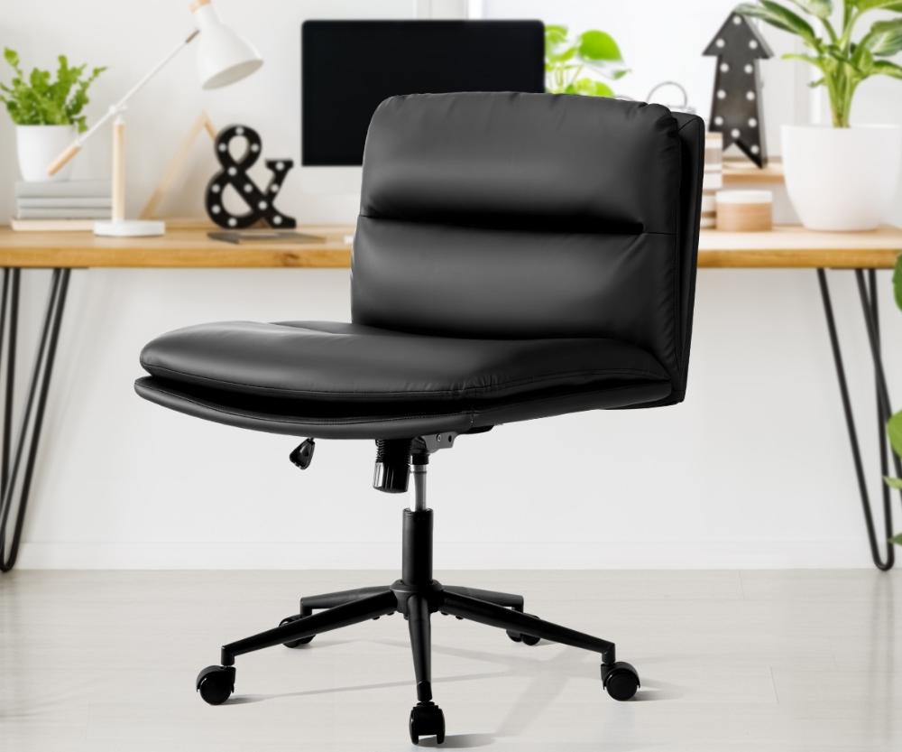Mid Back Office Chair Wide Seat Leather Black with Wheels