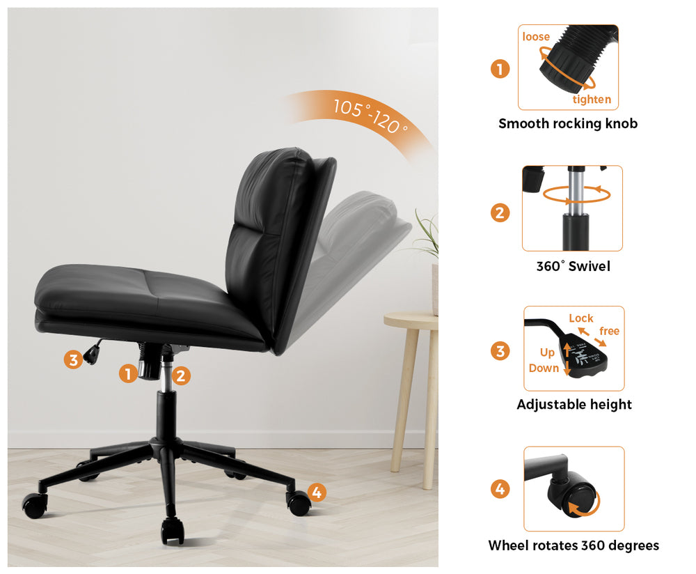 Mid Back Office Chair Wide Seat Leather Black with Wheels