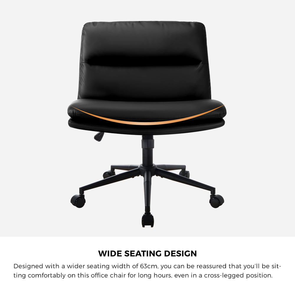 Mid Back Office Chair Wide Seat Leather Black with Wheels
