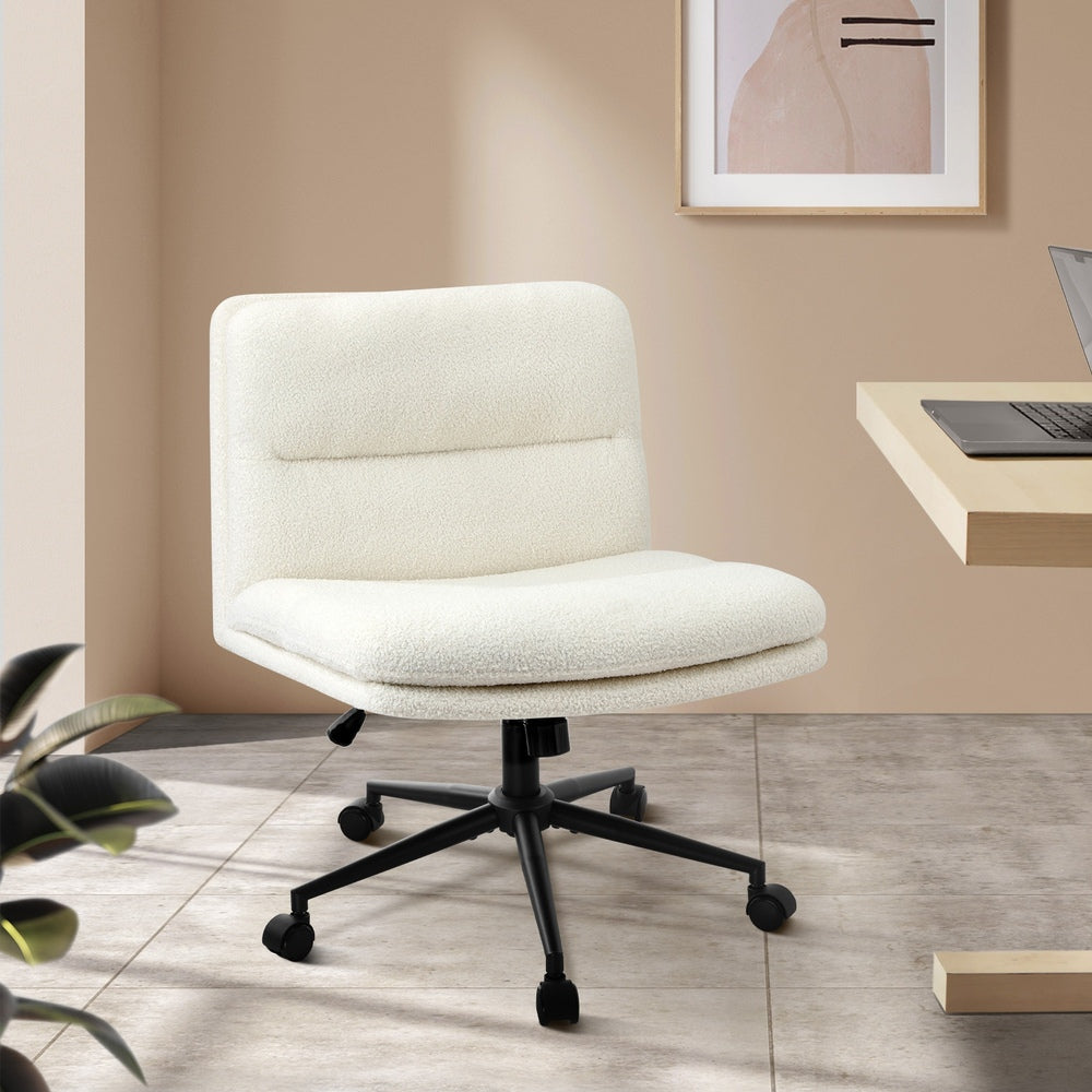 Armless Office Chair Wide Seat Boucle White with Wheels
