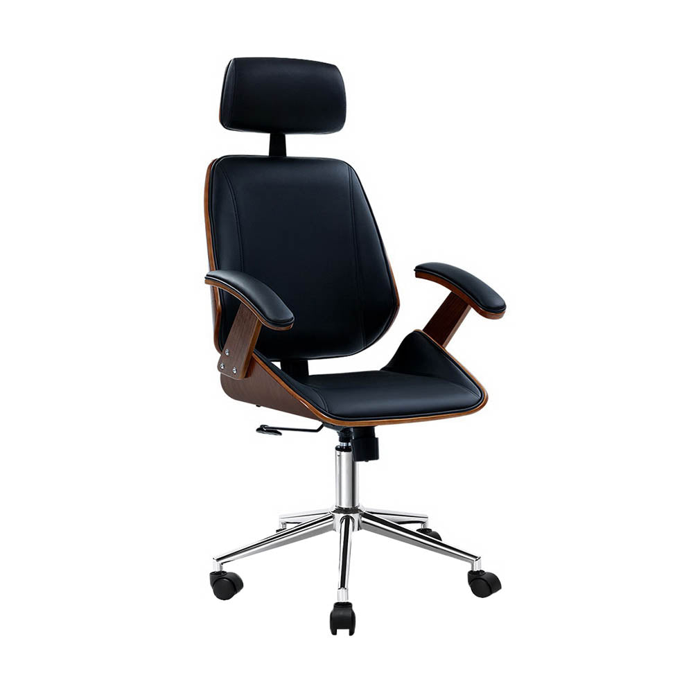 Wooden Office Chair Leather Seat Black