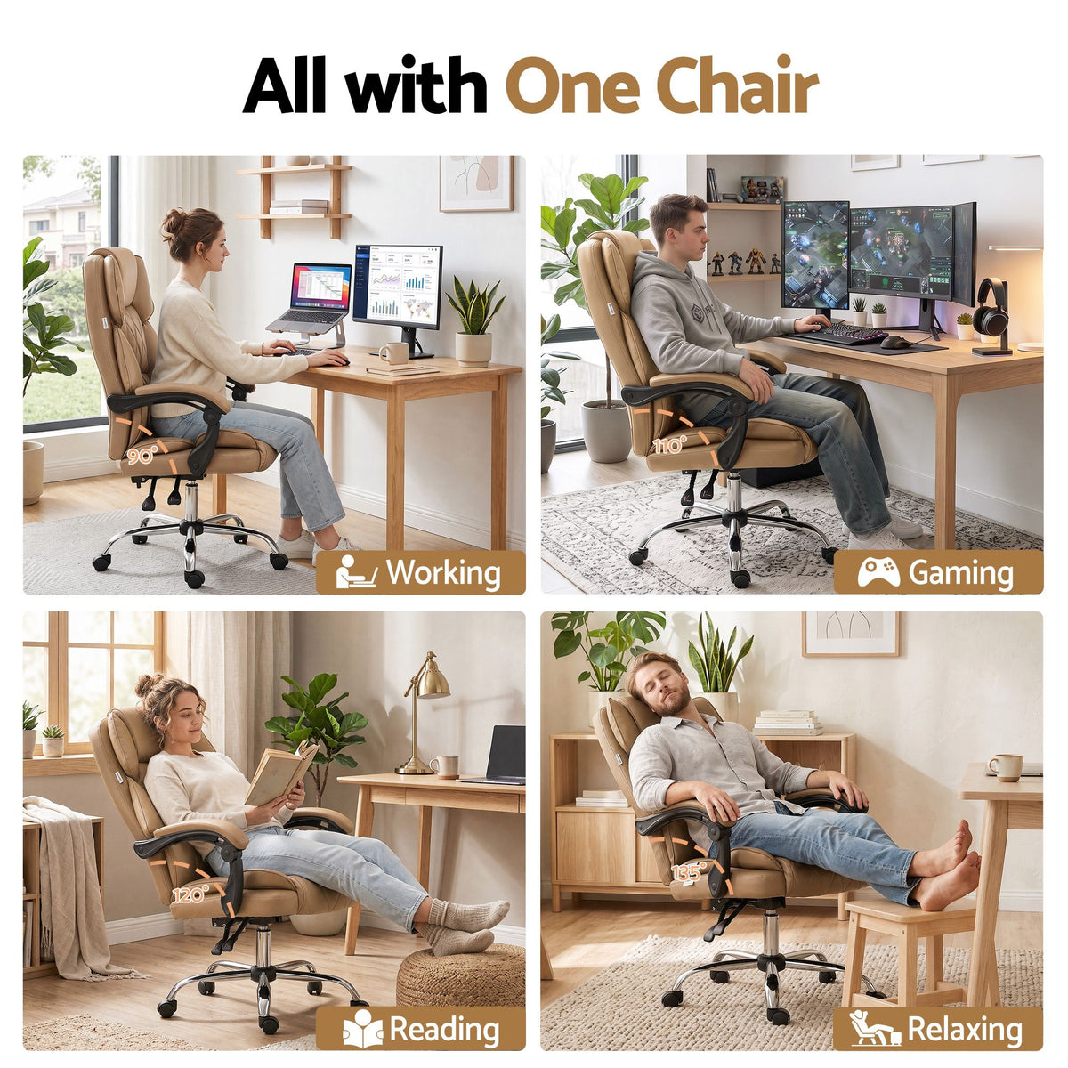 Executive Office Chair Leather Recliner Espresso High Back 120kg