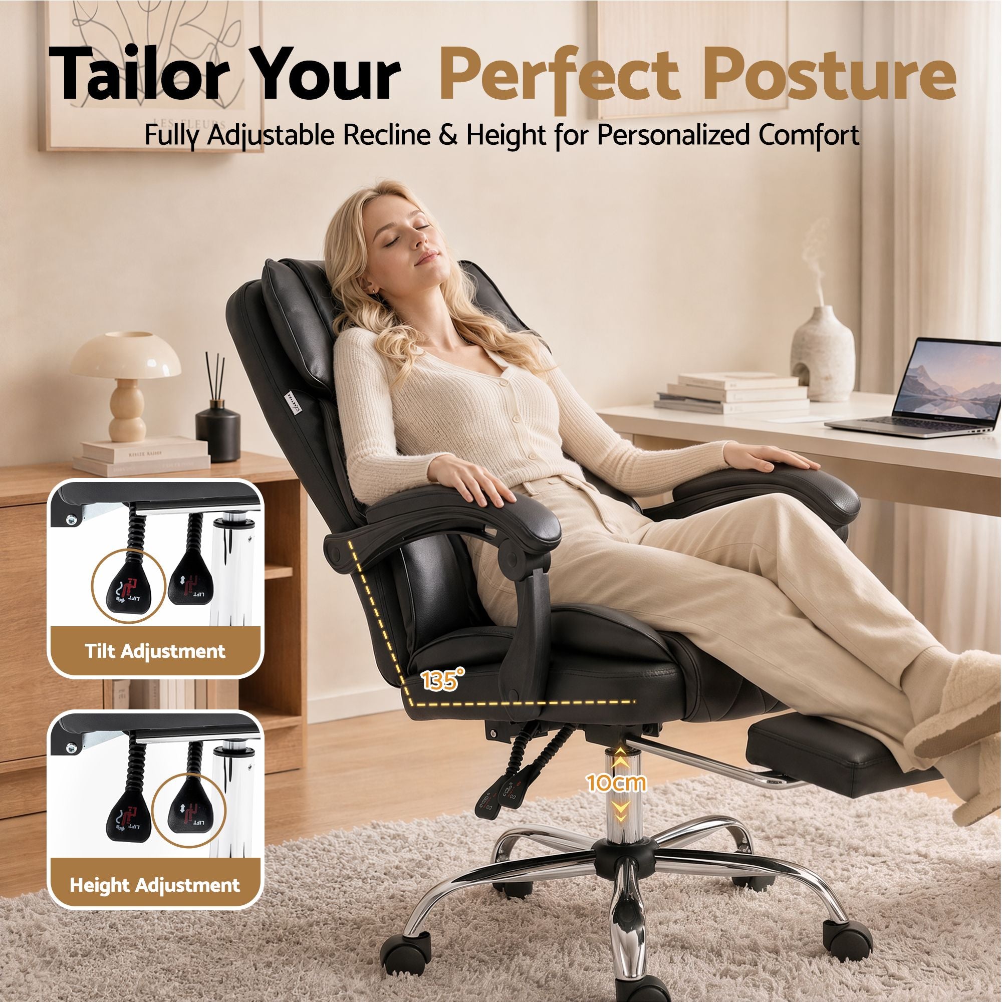 Artiss Executive Office Chair PU Leather Reclining with Footrest Black