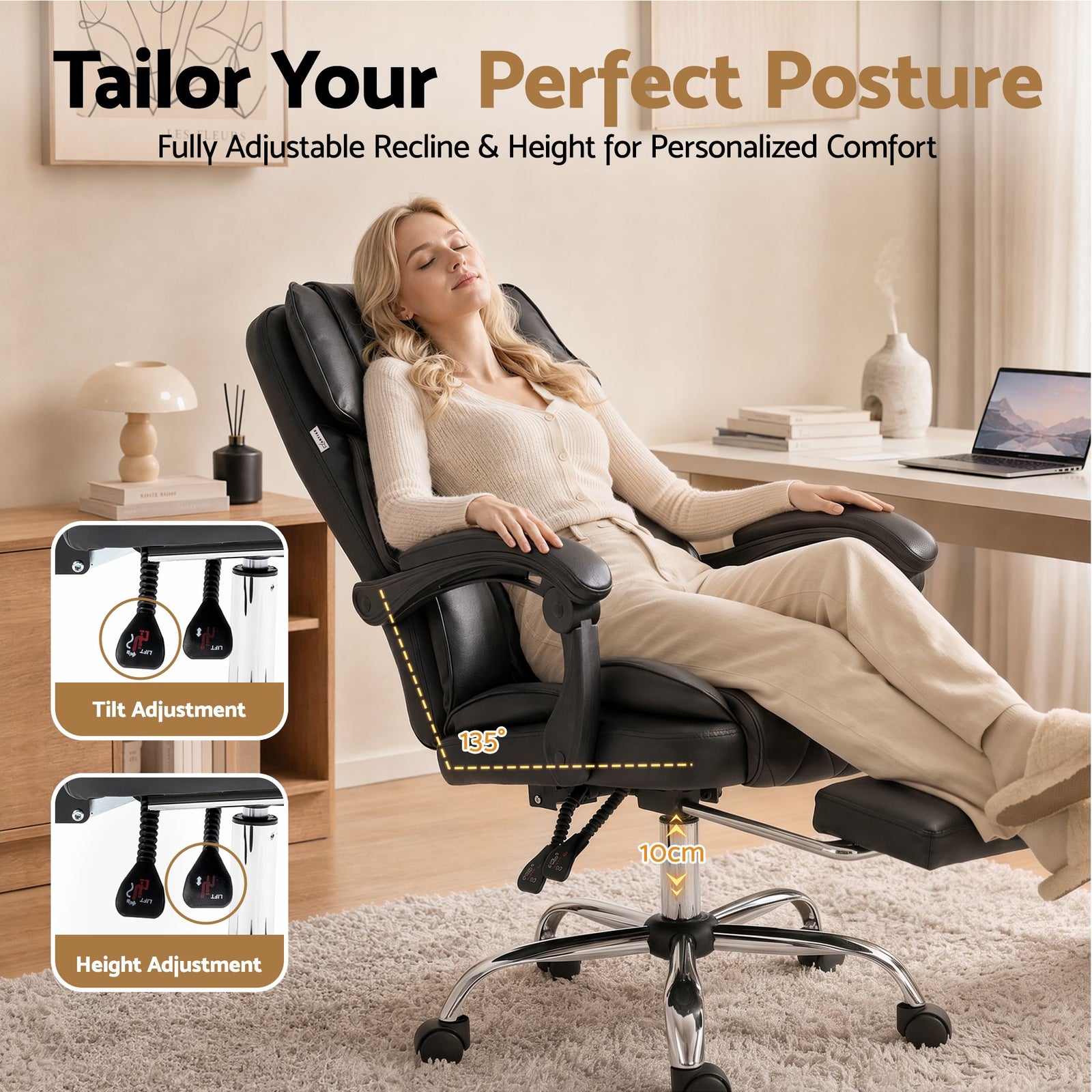 Executive Office Chair PU Leather Reclining with Footrest Black