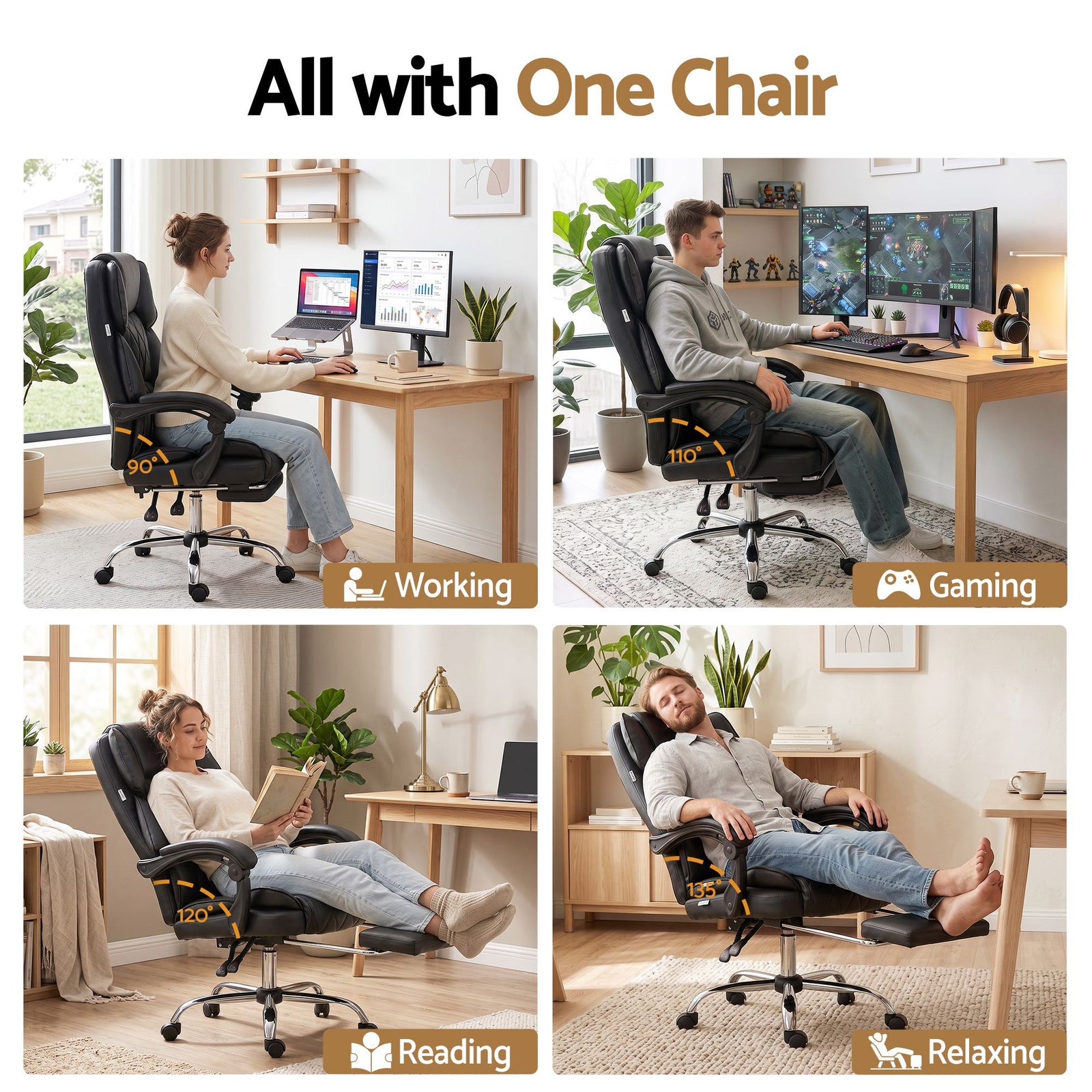 Executive Office Chair PU Leather Reclining with Footrest Black