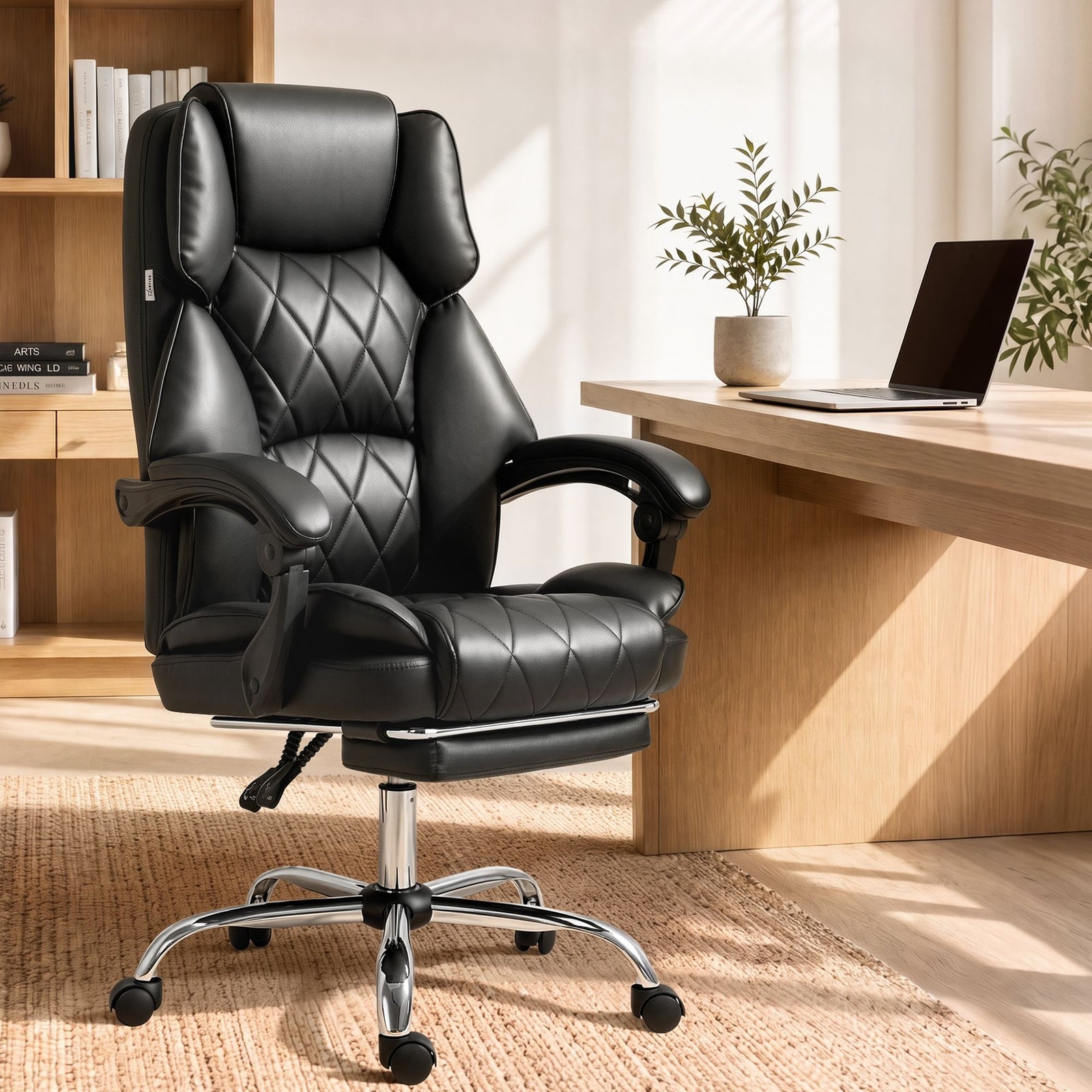 Executive Office Chair PU Leather Reclining with Footrest Black