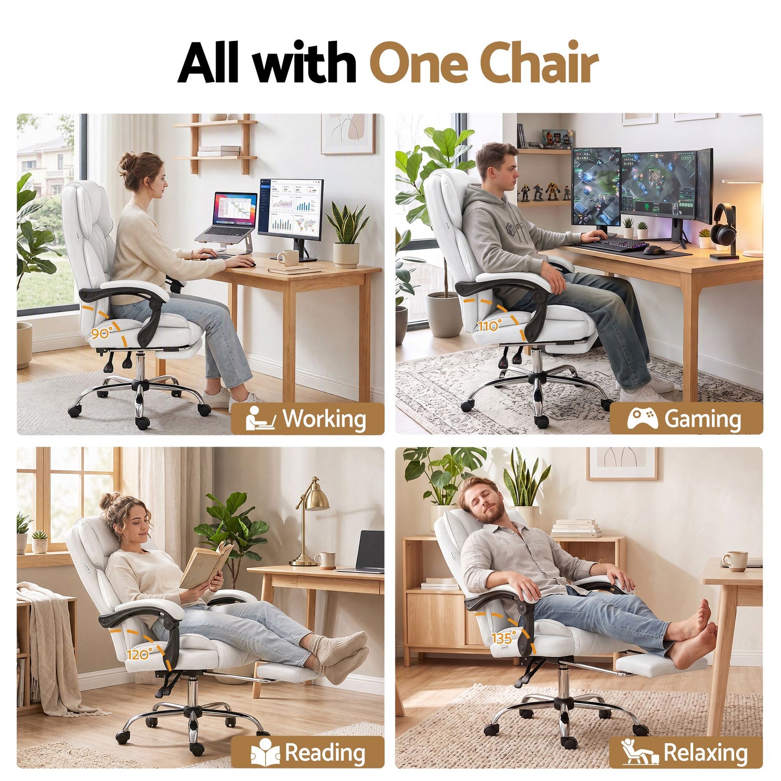 Artiss Executive Office Chair White – High Back, Footrest, 135° Recline, PU Leather