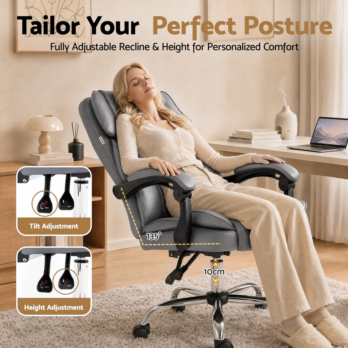 Executive Office Chair Recliner PU Leather Grey High Back