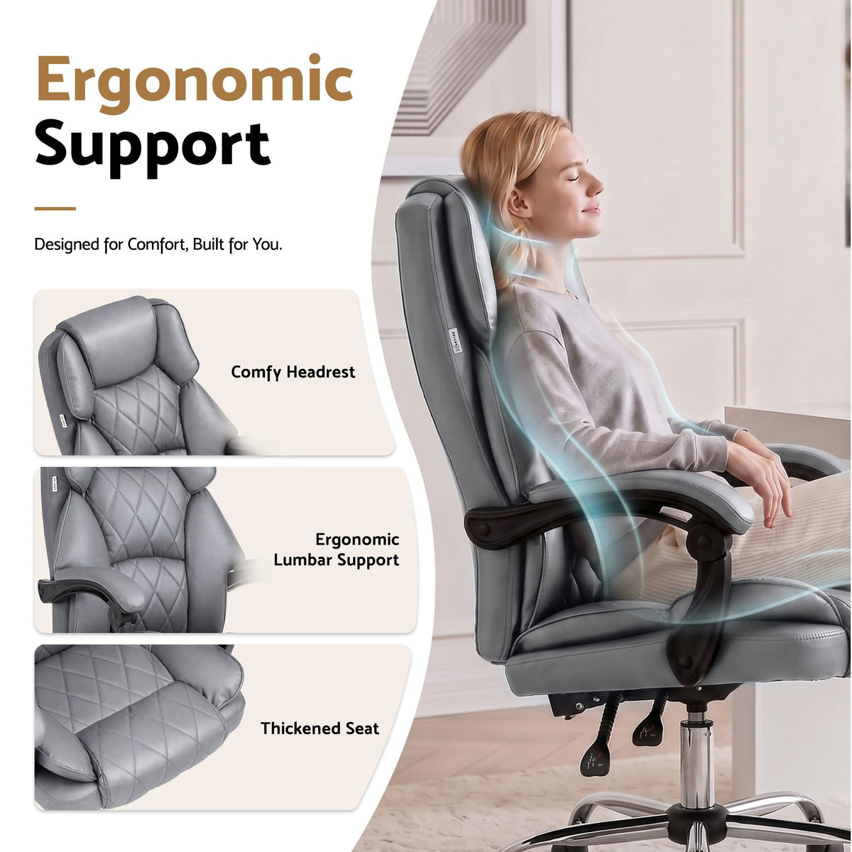 Executive Office Chair Recliner PU Leather Grey High Back