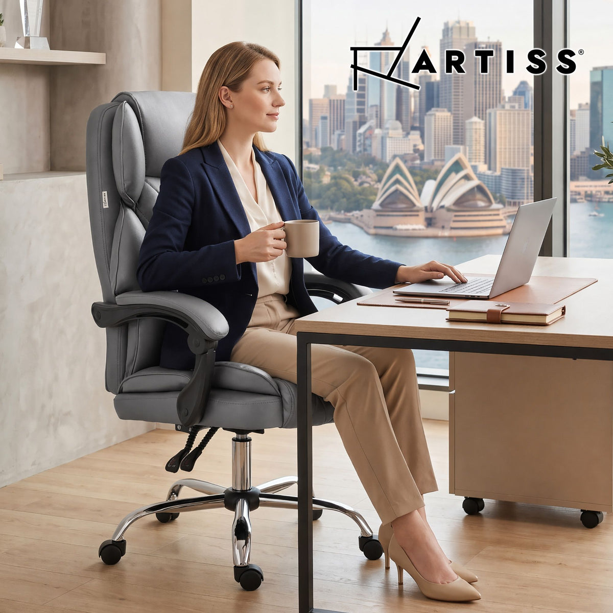 Executive Office Chair Recliner PU Leather Grey High Back