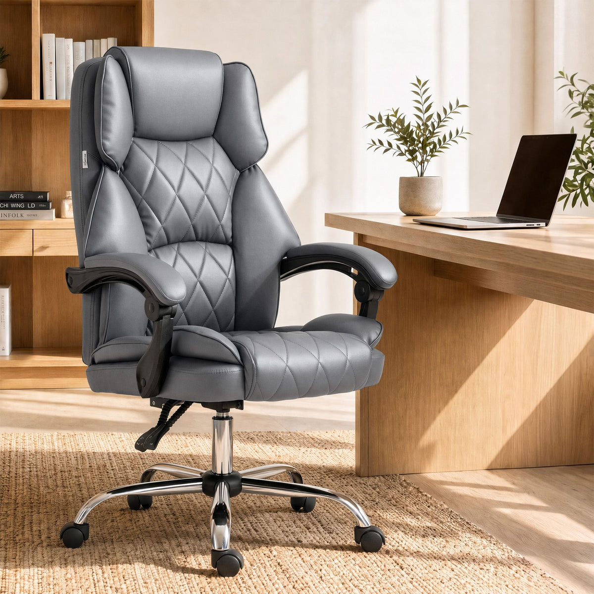 Executive Office Chair Recliner PU Leather Grey High Back