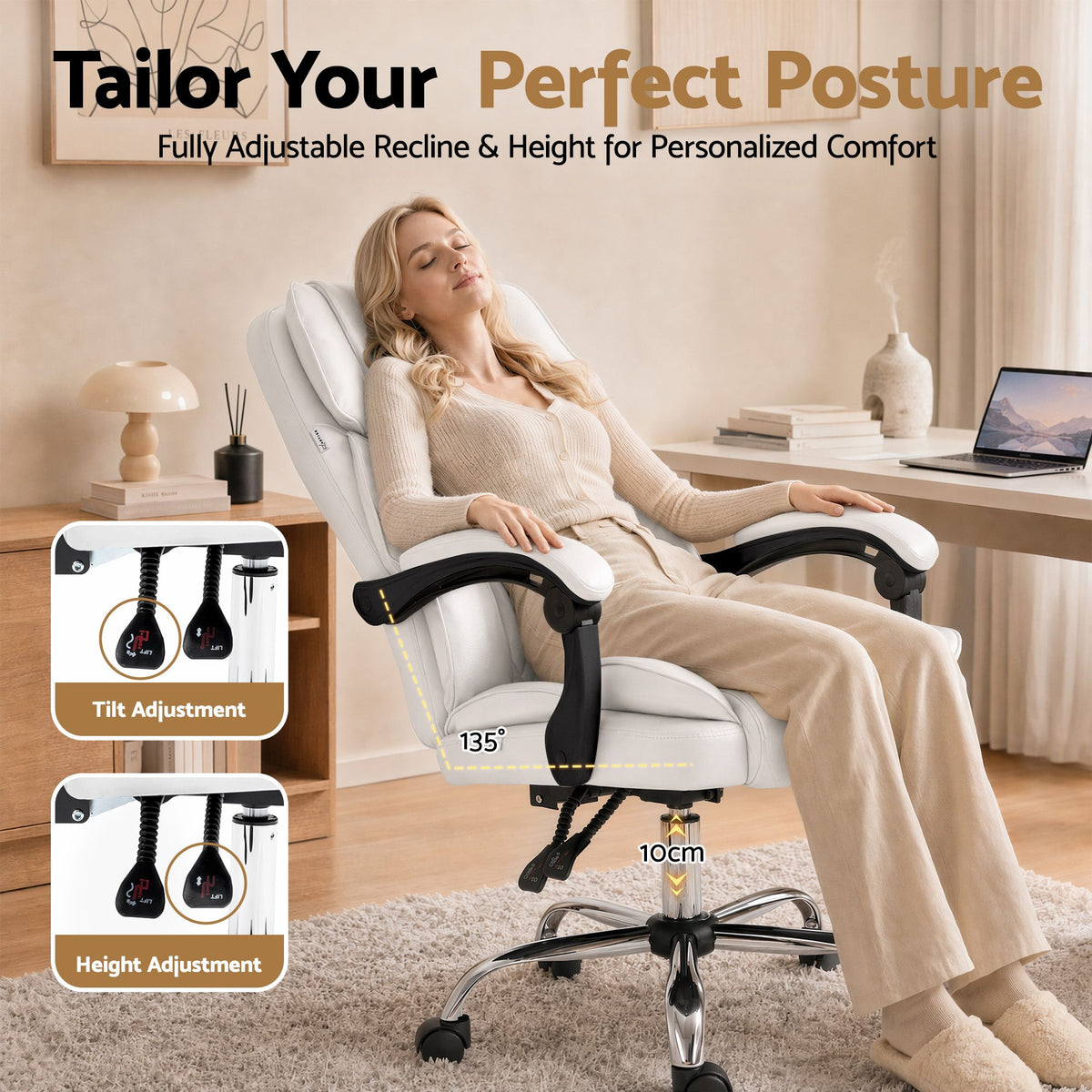 Executive Office Chair Leather Recliner White High Back 120kg