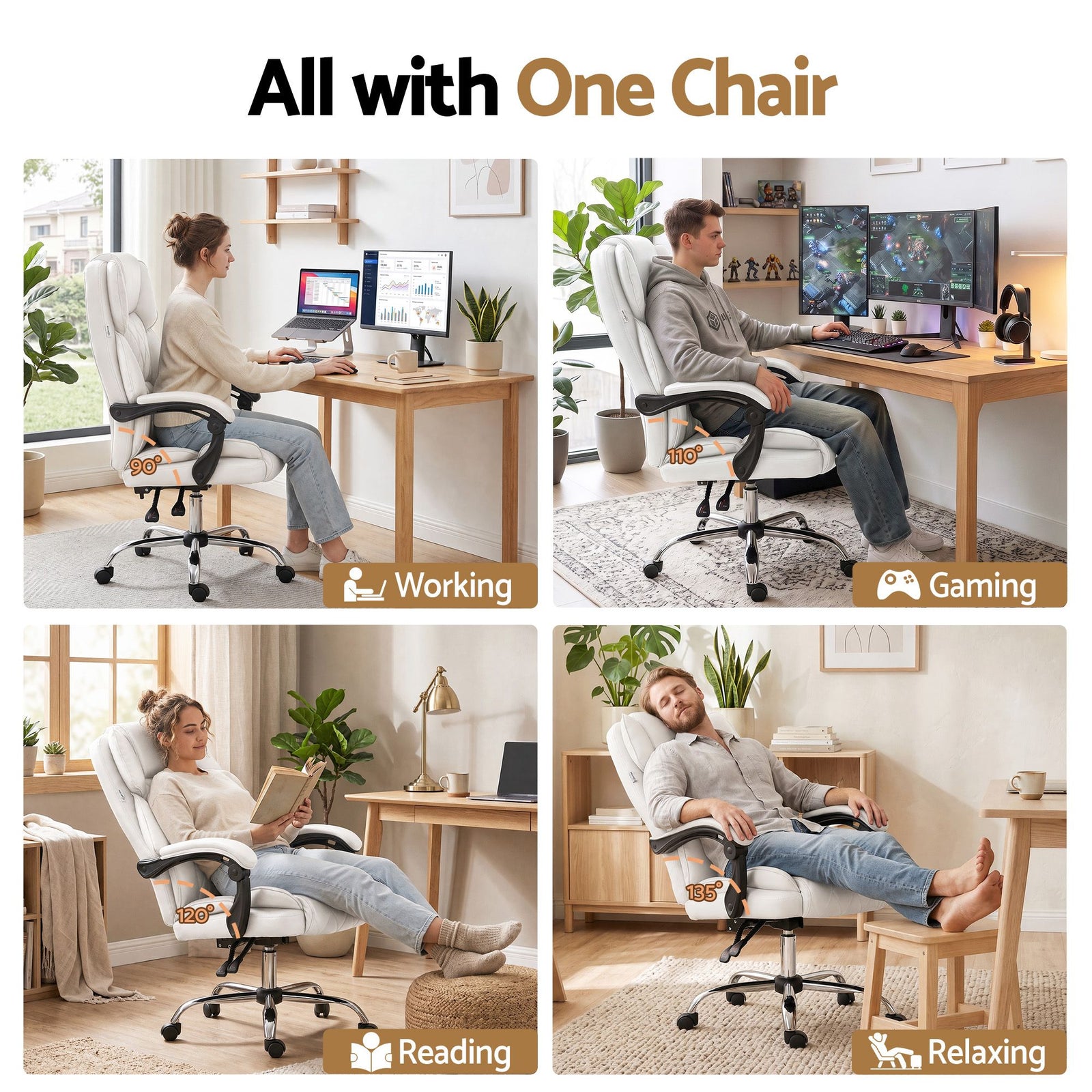Executive Office Chair Leather Recliner White High Back 120kg