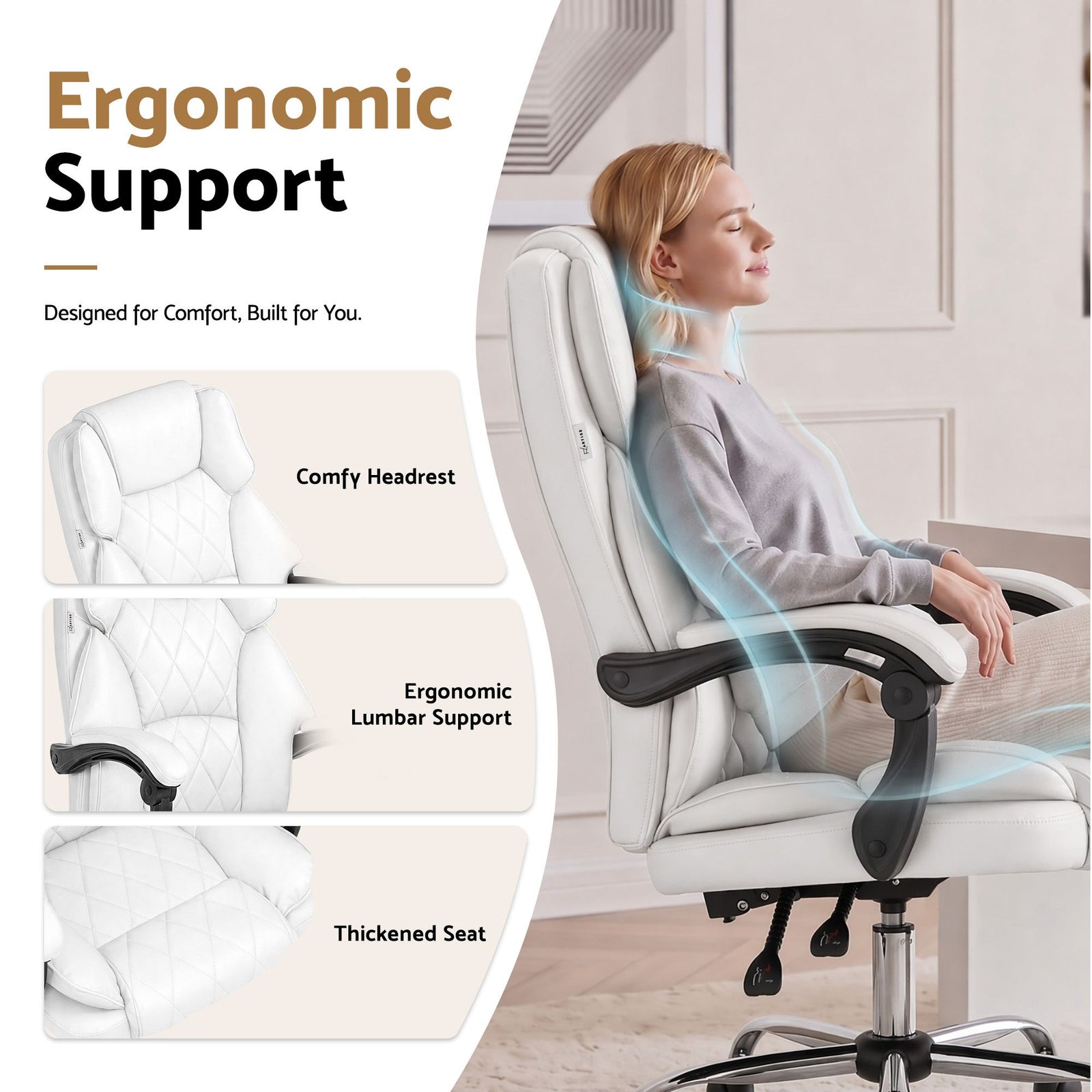 Executive Office Chair Leather Recliner White High Back 120kg