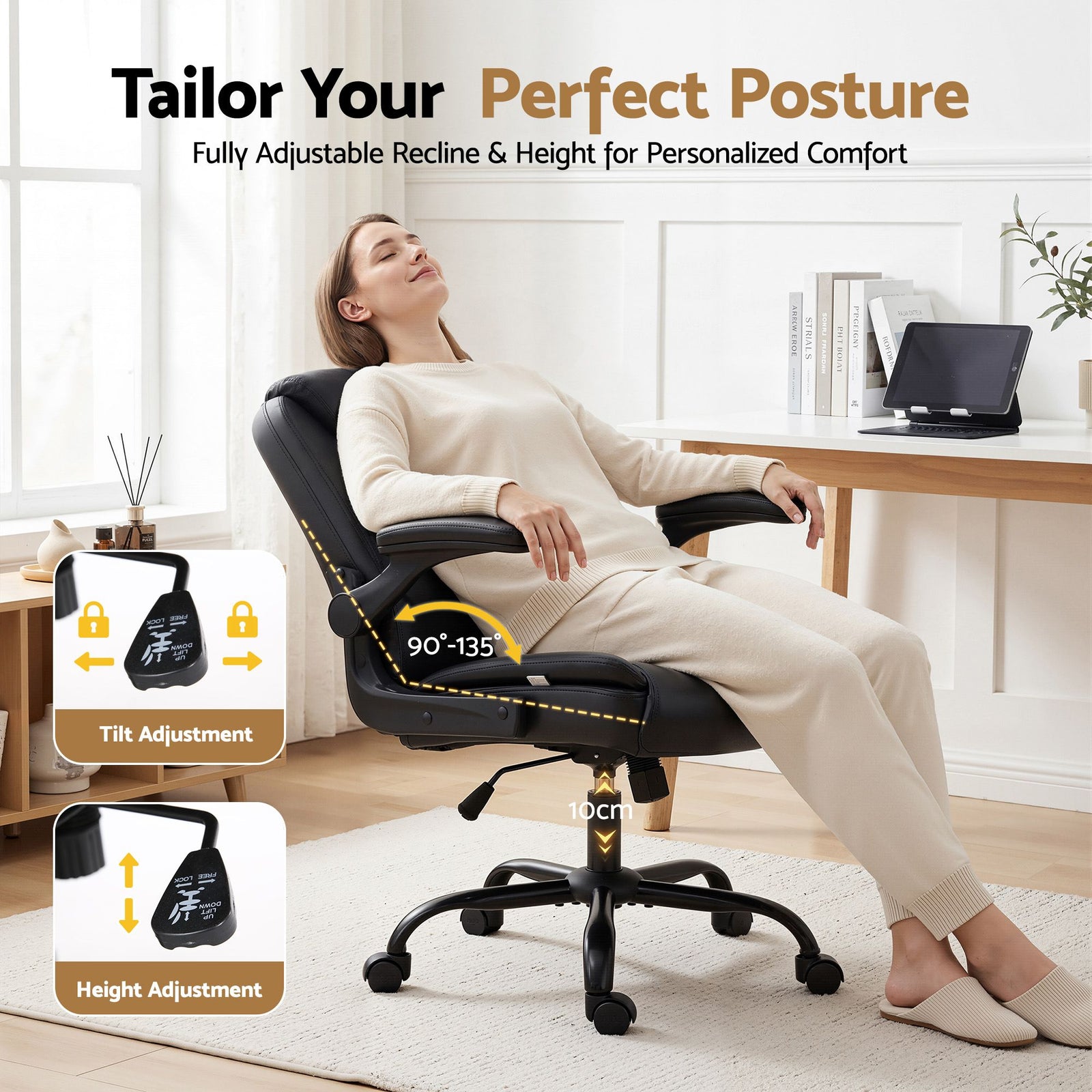 Artiss Executive Mid Back Office Chair PU Leather Flip-Up Arms Black