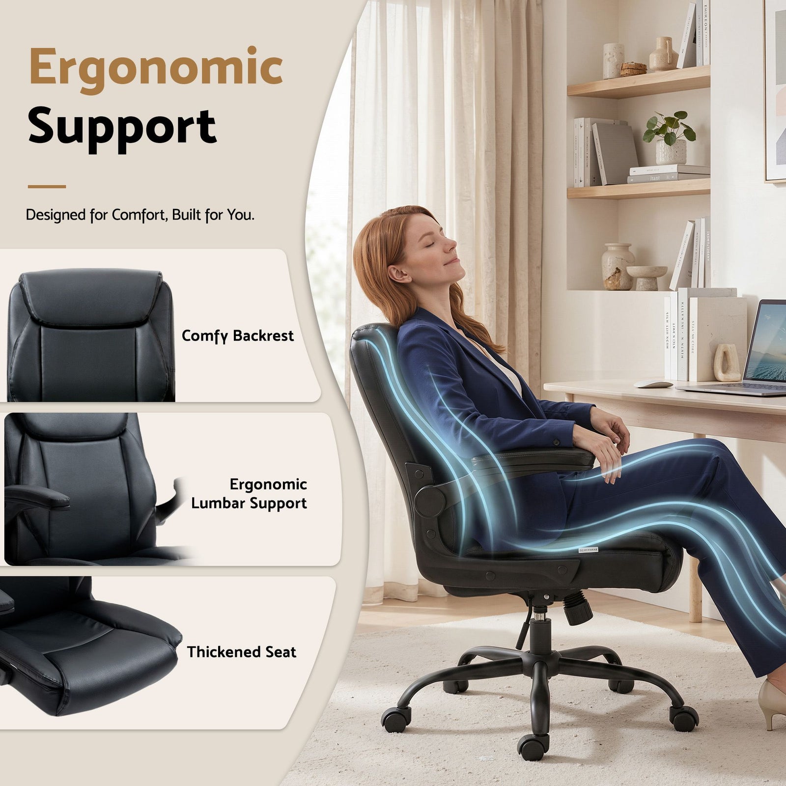 Artiss Executive Mid Back Office Chair PU Leather Flip-Up Arms Black