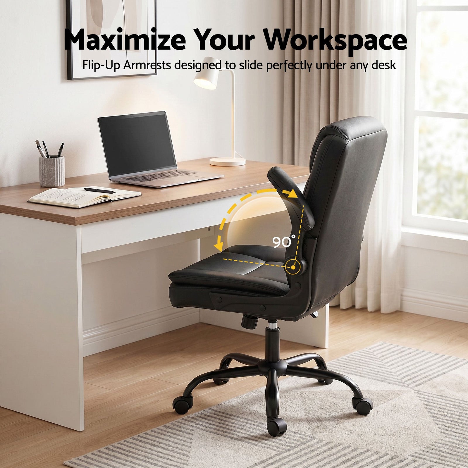Artiss Executive Mid Back Office Chair PU Leather Flip-Up Arms Black