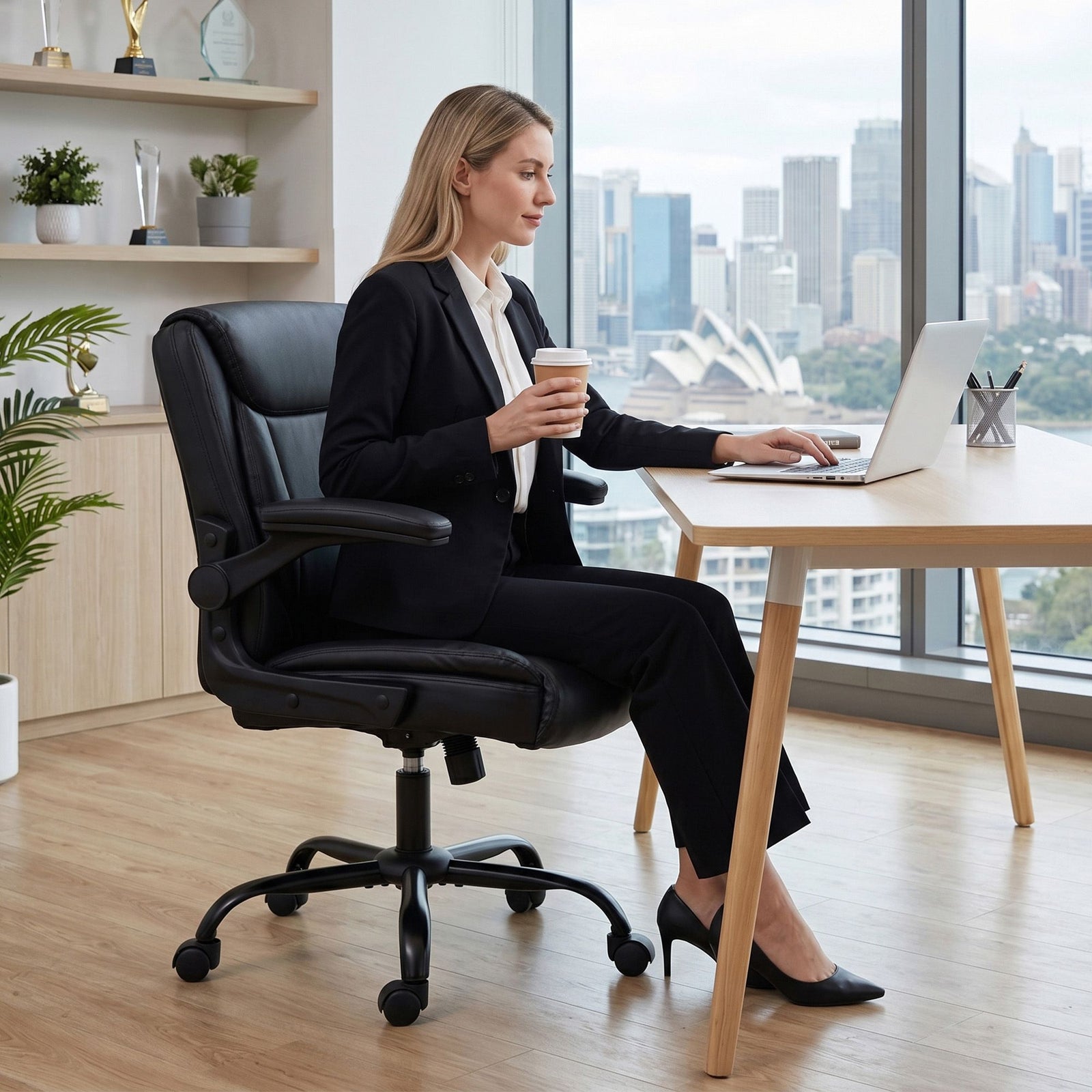 Artiss Executive Mid Back Office Chair PU Leather Flip-Up Arms Black