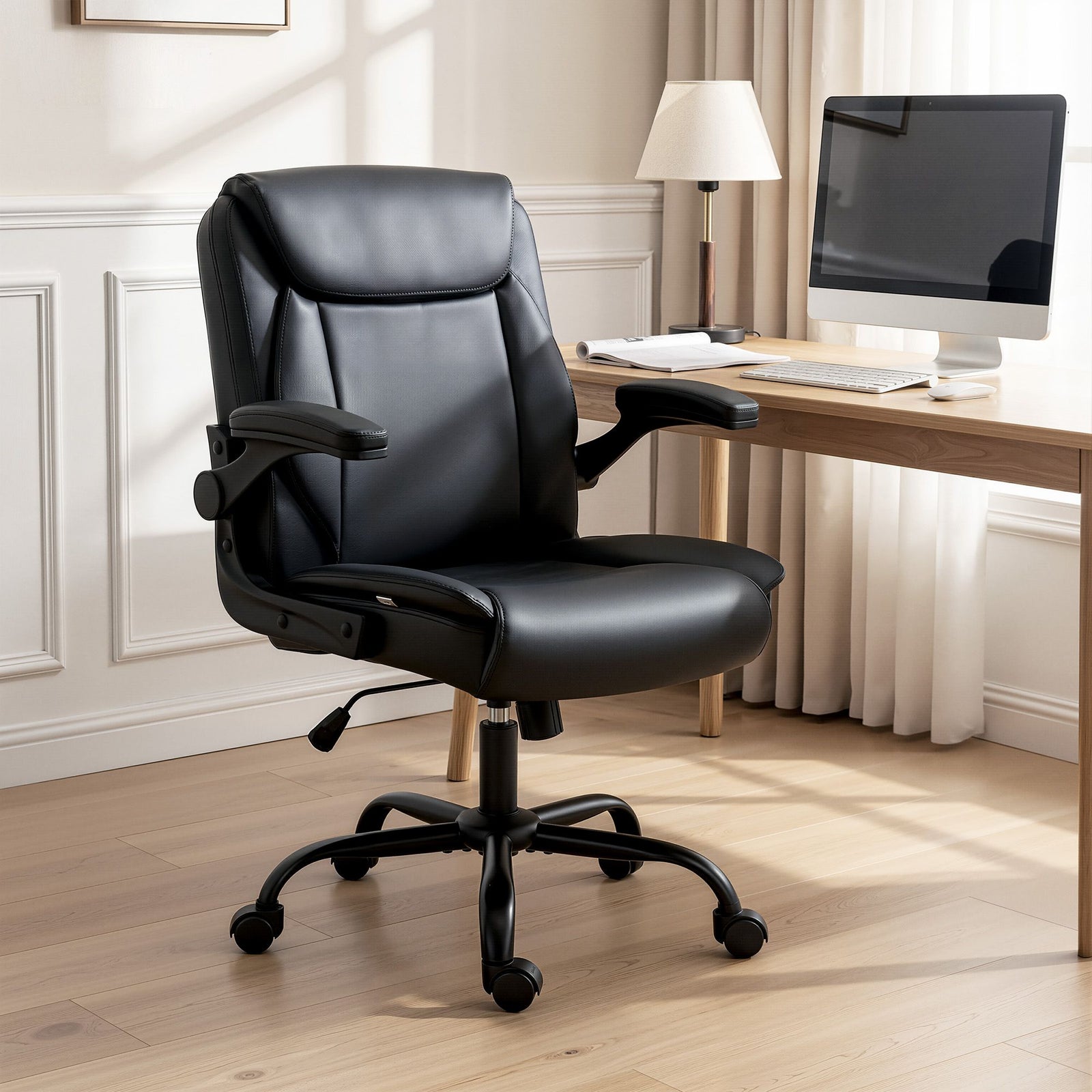 Artiss Executive Mid Back Office Chair PU Leather Flip-Up Arms Black