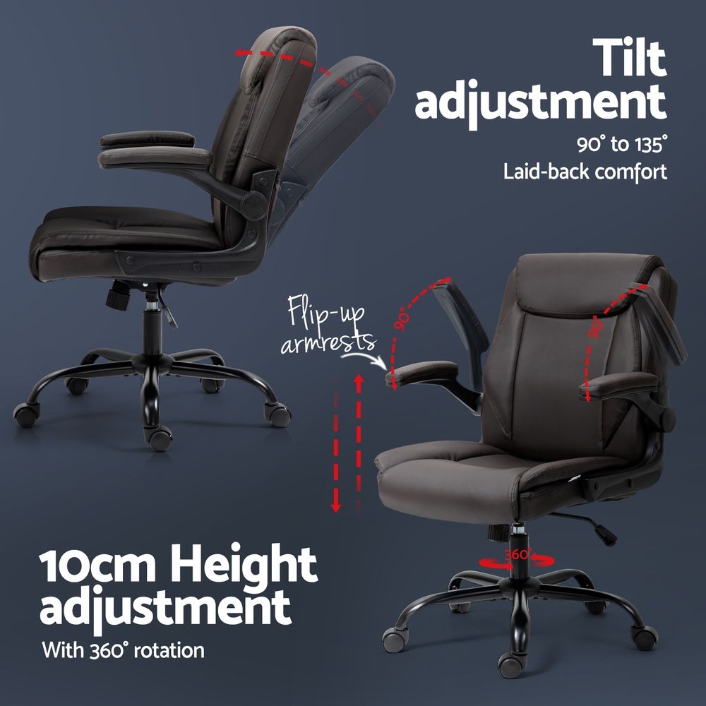 Ergonomic Mid Back Office Chair Brown PU Leather Adjustable Swivel Chair