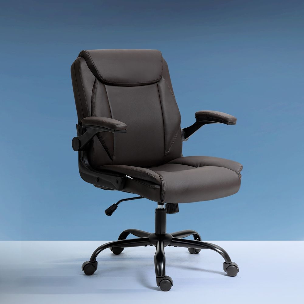 Ergonomic Mid Back Office Chair Brown PU Leather Adjustable Swivel Chair