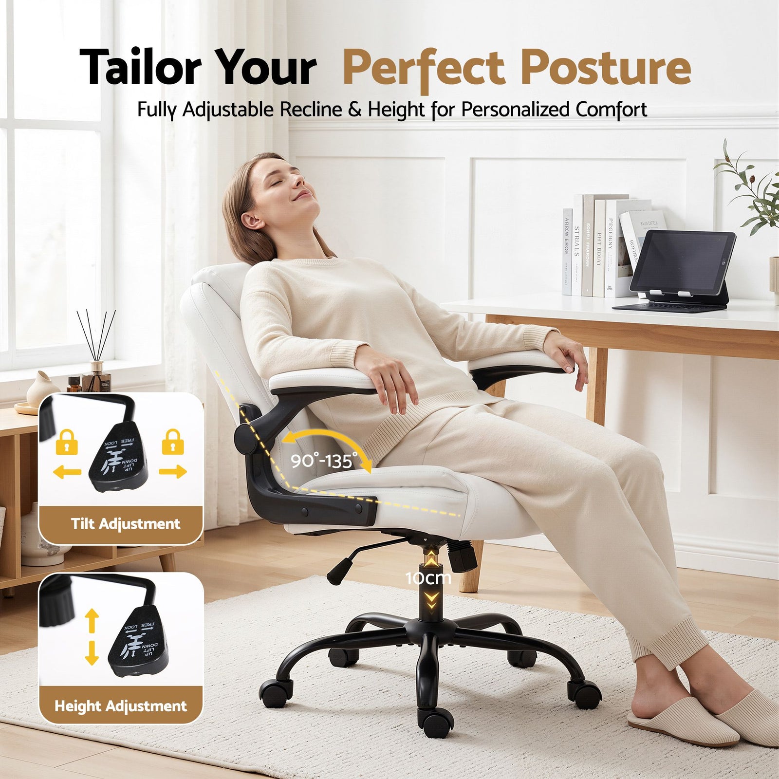 Artiss Executive Mid Back Office Chair PU Leather Flip-Up Arms White