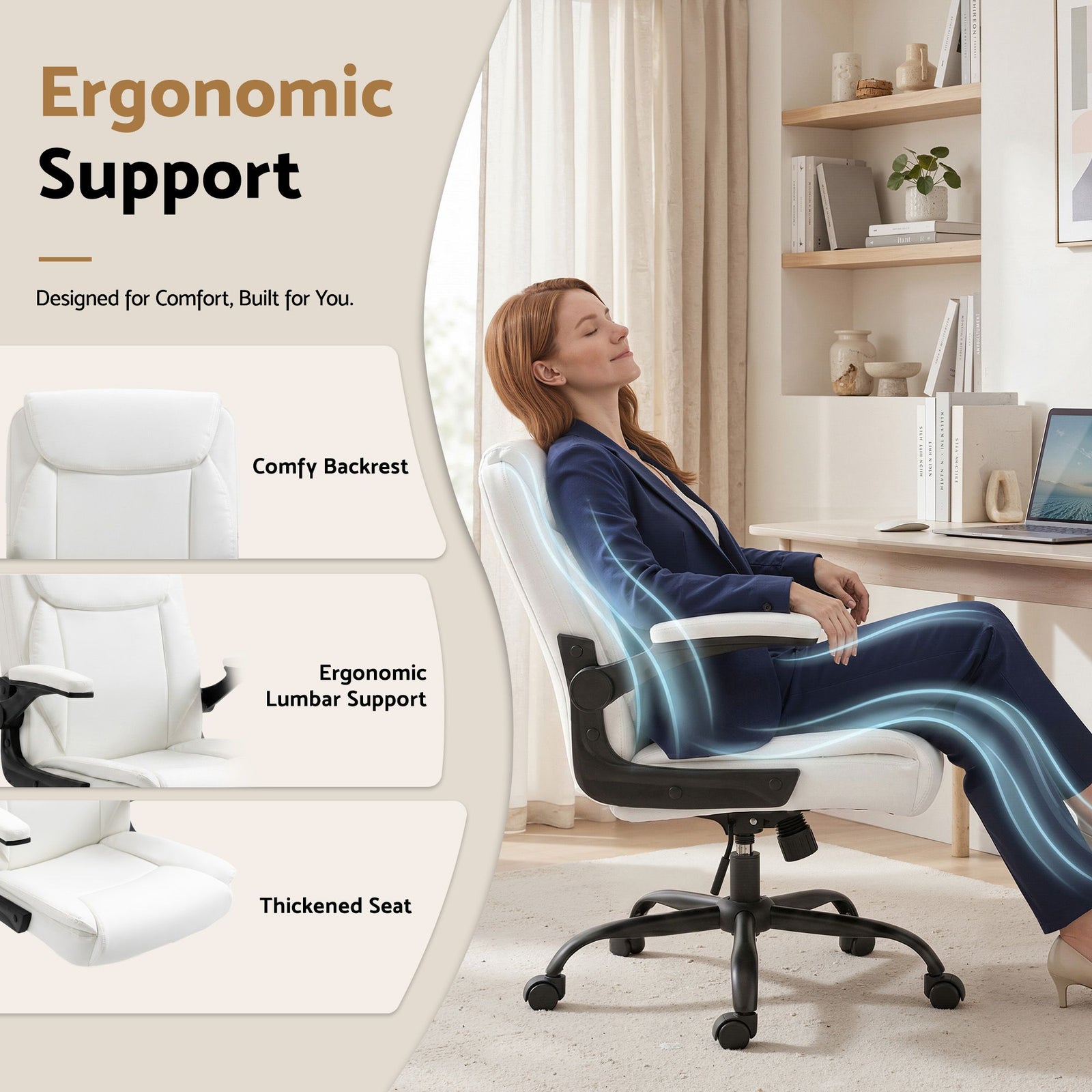 Artiss Executive Mid Back Office Chair PU Leather Flip-Up Arms White