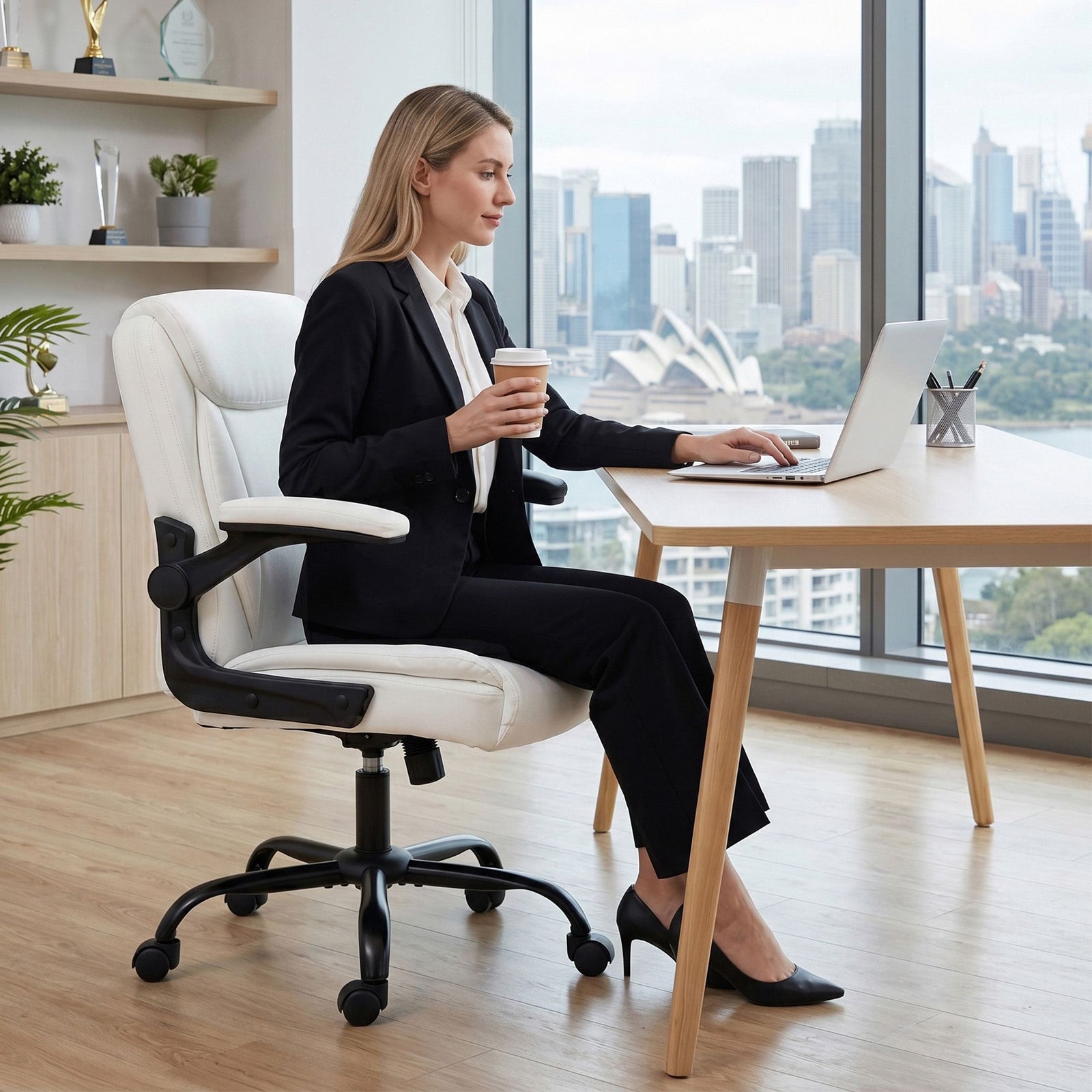 Artiss Executive Mid Back Office Chair PU Leather Flip-Up Arms White