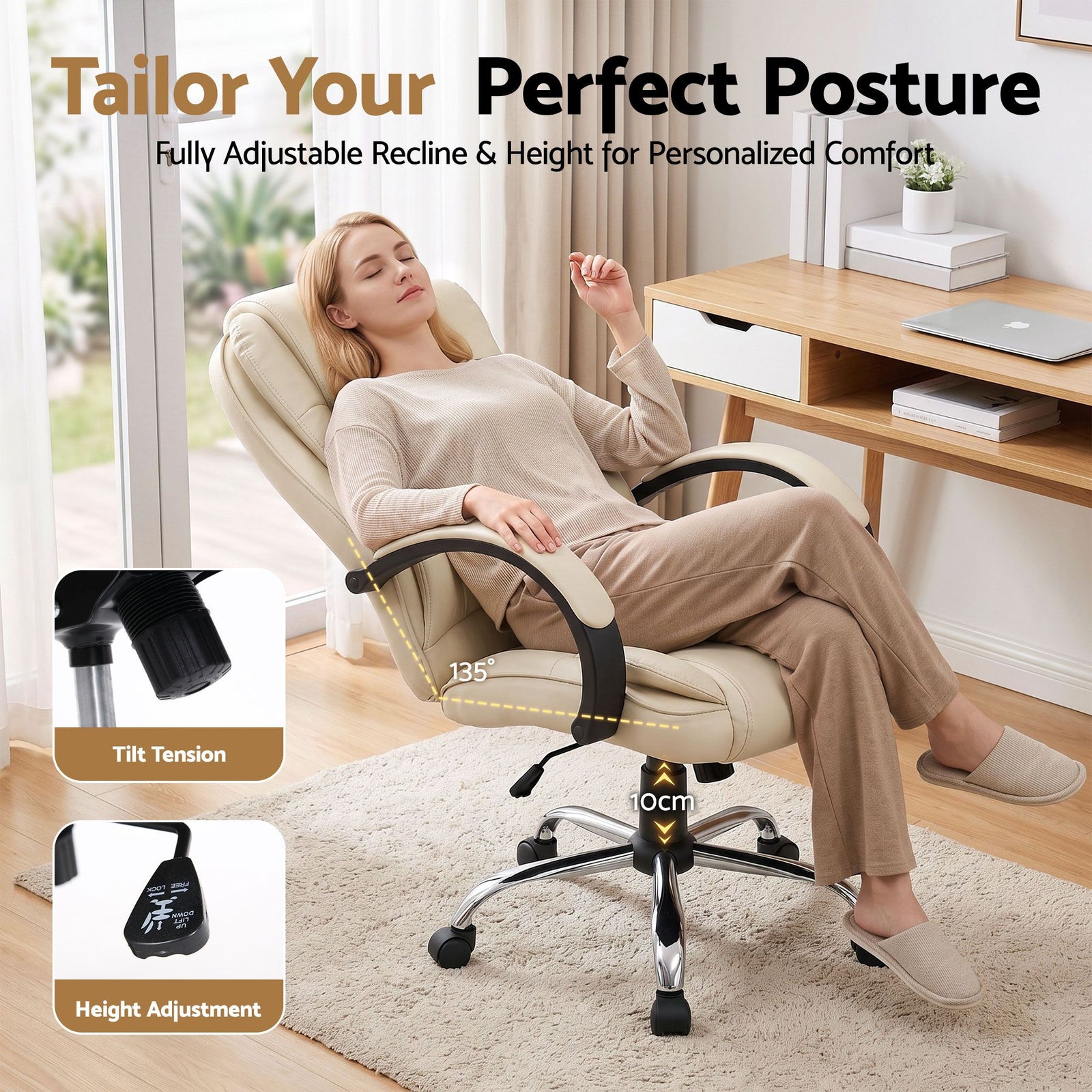 Artiss High Back PU Leather Office Chair Swivel Executive Chair Beige