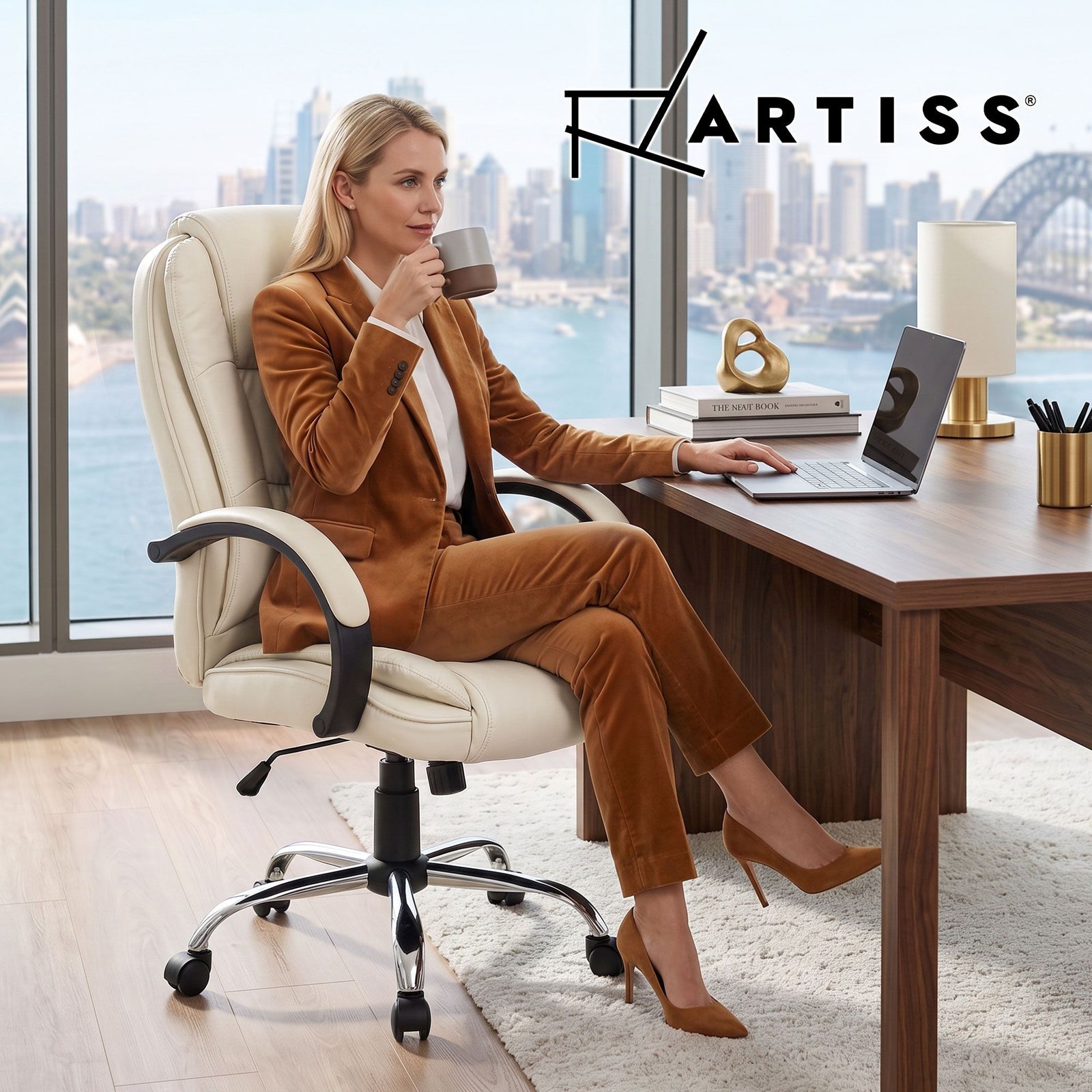 Artiss High Back PU Leather Office Chair Swivel Executive Chair Beige