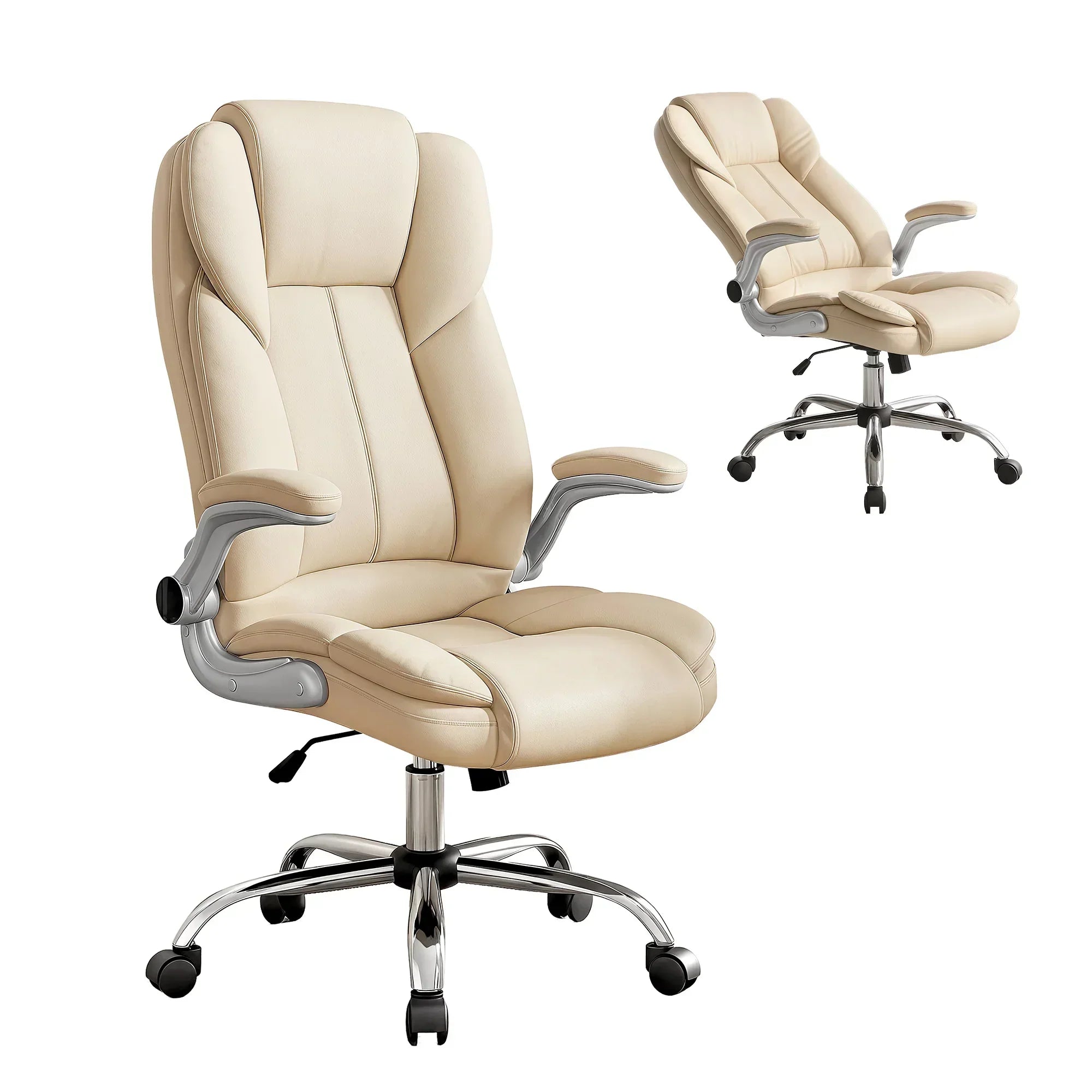Artiss Kea Executive Office Chair – PU Leather, Lumbar Support, Retractable Arms Beige