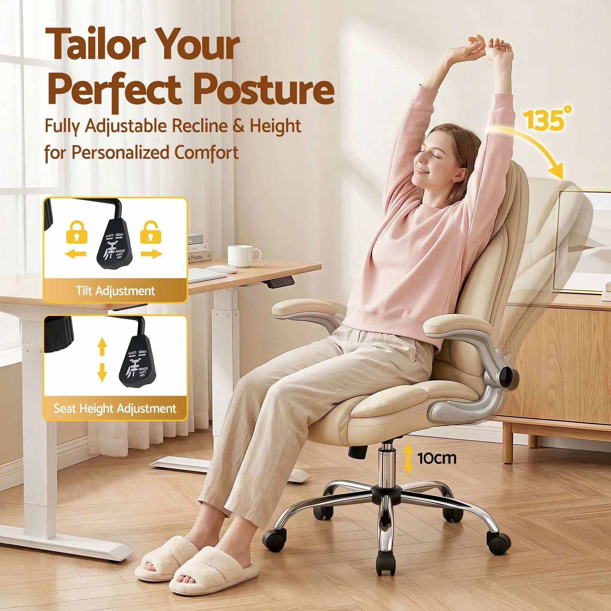 Artiss Kea Executive Office Chair – PU Leather, Lumbar Support, Retractable Arms Beige
